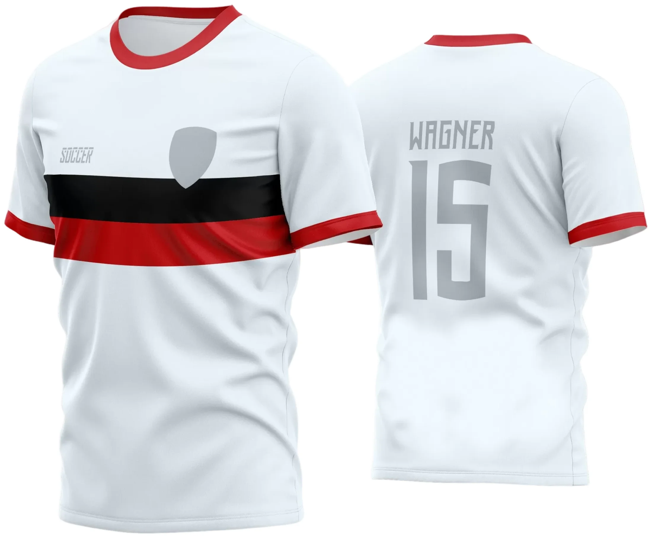 Camisa de futebol amador com logo no peito e estampa grande nas costas, trazendo design moderno e cores vibrantes para equipes locais e campeonatos informais.