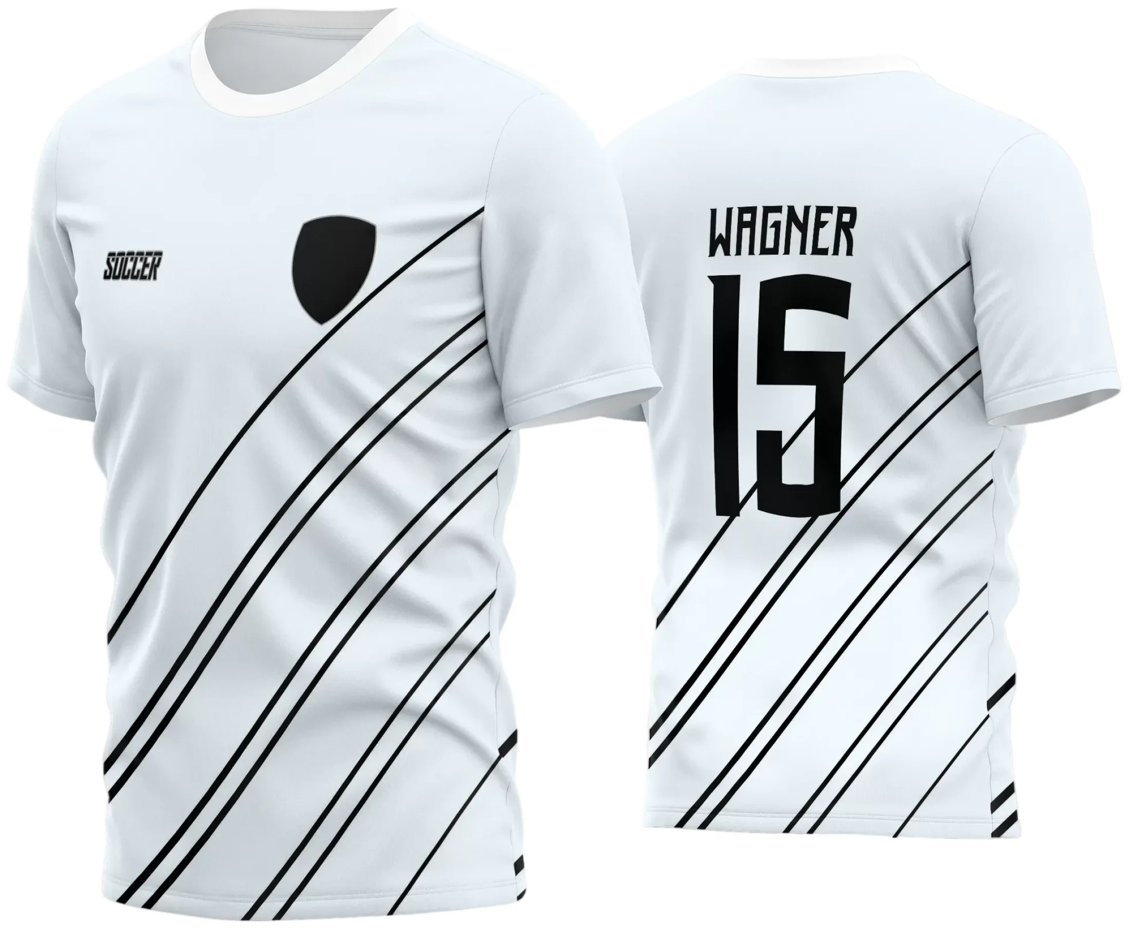 Camisa de futebol amador com logo no peito e estampa grande nas costas, em cores vibrantes e design moderno que destaca o time com personalidade única em campo.