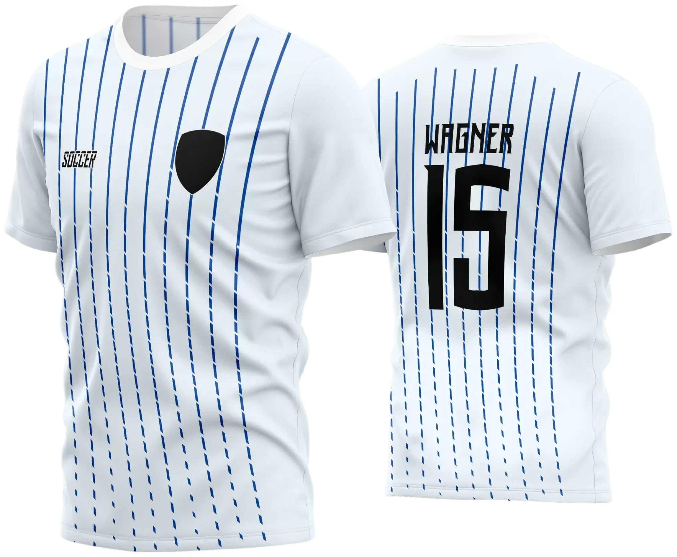 Camisa de futebol amador com logo no peito e estampa grande nas costas, exibindo cores vibrantes e design moderno ideal para times locais que buscam identidade única em campo