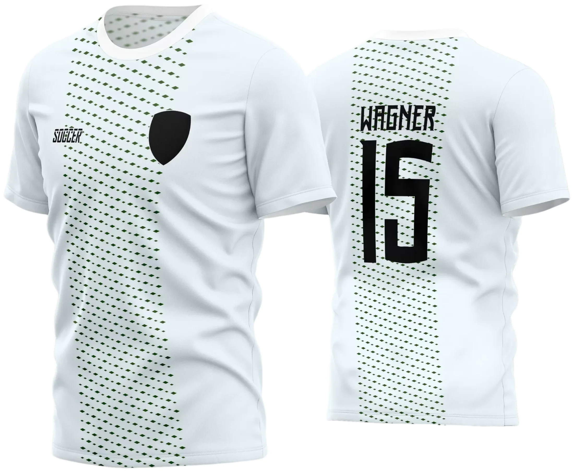 Camisa de futebol amador com logo no peito e estampa grande nas costas, apresentando design moderno e vibrante perfeito para times que buscam destaque e personalidade em campo em 2024.
