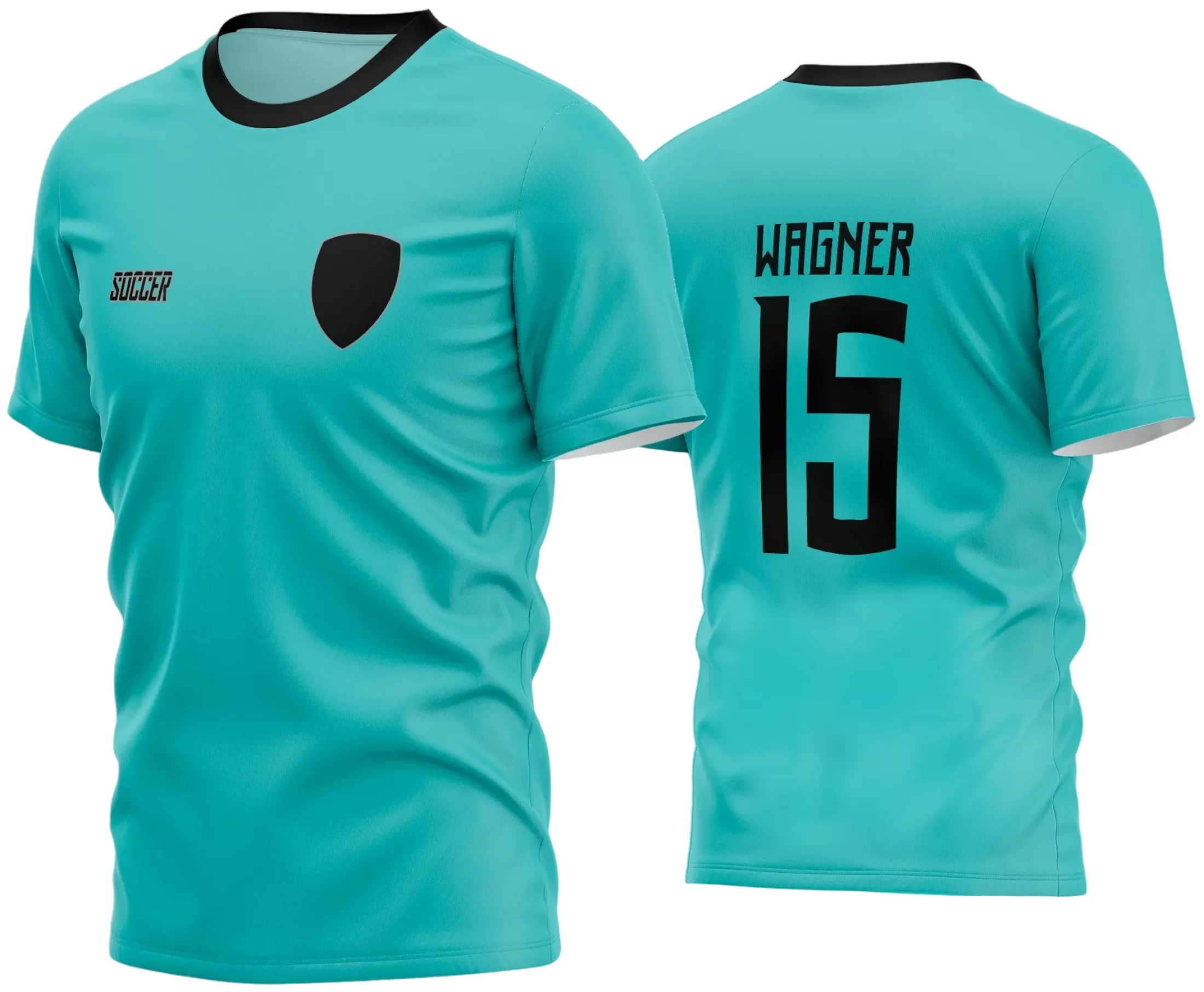 Camisa de futebol amador com logo no peito e estampa grande nas costas, mostrando detalhes vibrantes e design moderno ideal para equipes esportivas amadoras.