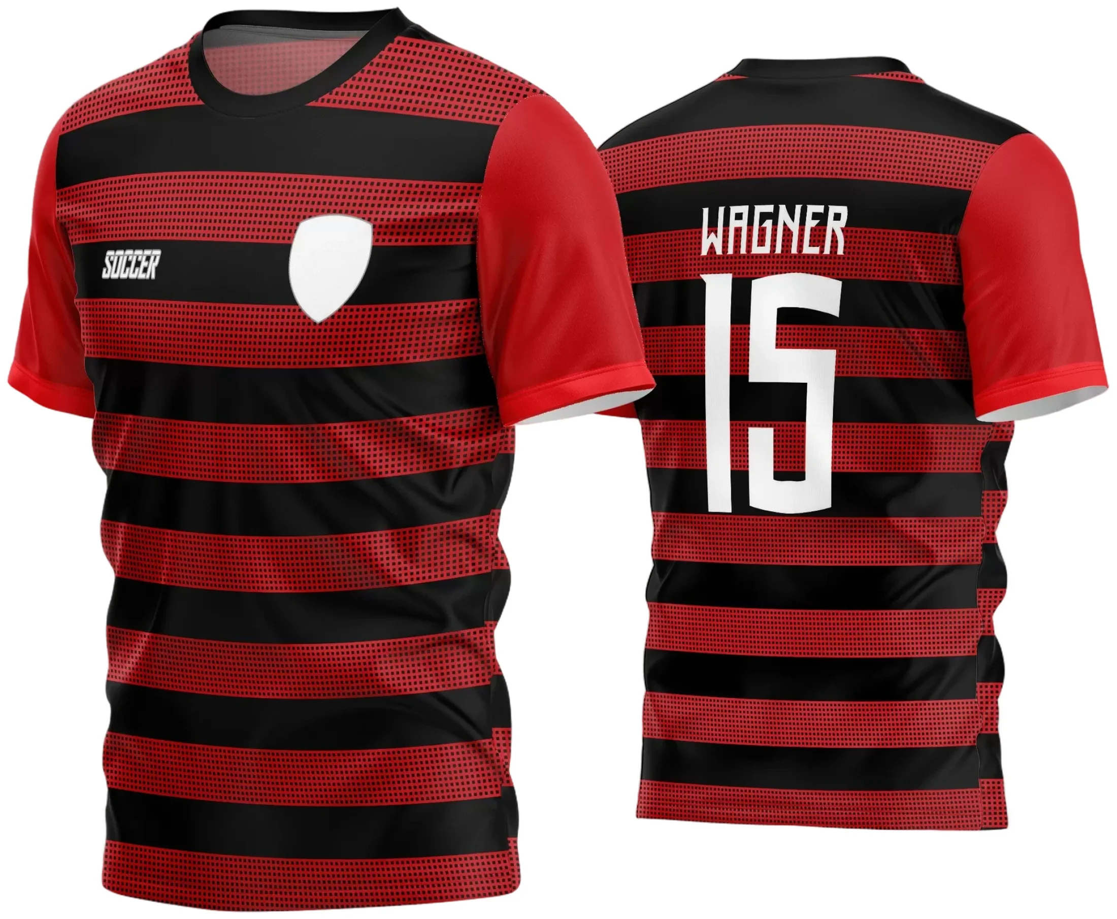 Camisa de futebol amador com logo no peito e estampa grande nas costas, destacando design moderno com cores vibrantes e detalhes únicos para quem joga com estilo e paixão