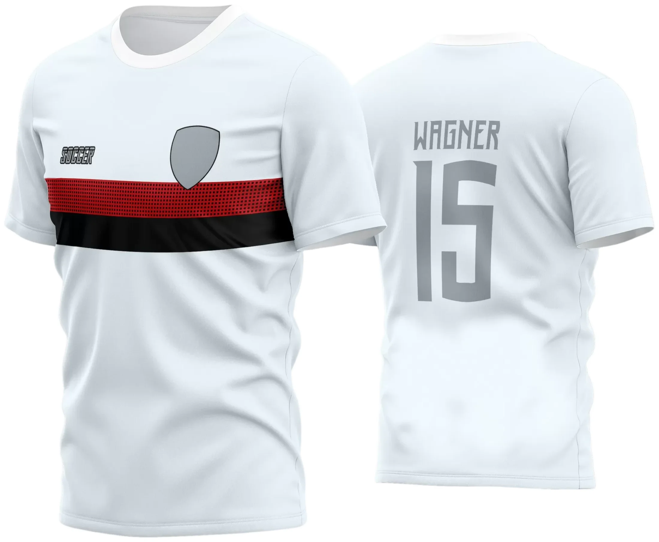 Camisa de futebol amador com logo no peito e estampa grande nas costas que destaca o espírito da equipe, combinando estilo e identidade em um visual moderno e vibrante para o time.