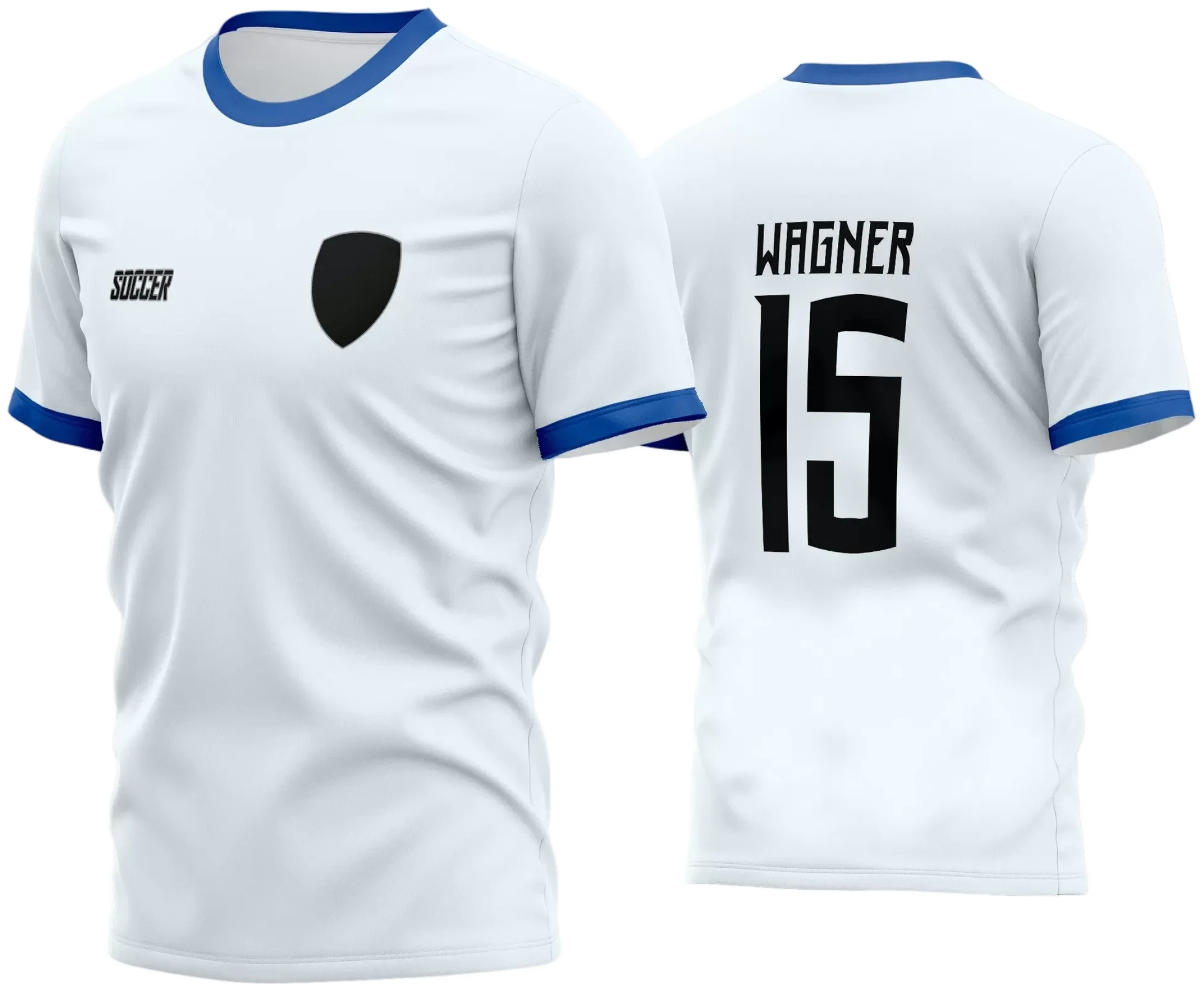 Camisa de futebol com logo no peito e estampa grande nas costas, em estilo moderno e vibrante, ideal para times amadores que buscam identidade única em seus jogos e treinos.