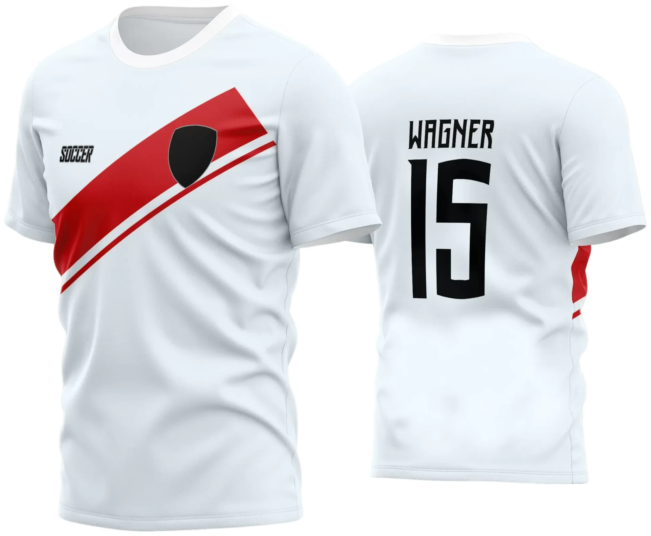 Foto da camisa de futebol amador com logo no peito e estampa grande nas costas, mostrando design moderno e cores vibrantes que destacam a identidade do time em campo.