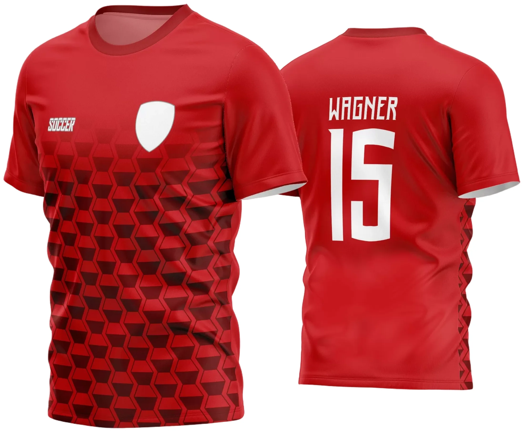Camisa de futebol amador com logo no peito visível e estampa grande nas costas, em cores vibrantes e design moderno, destacando o estilo único do time e transmitindo energia e identidade na partida.
