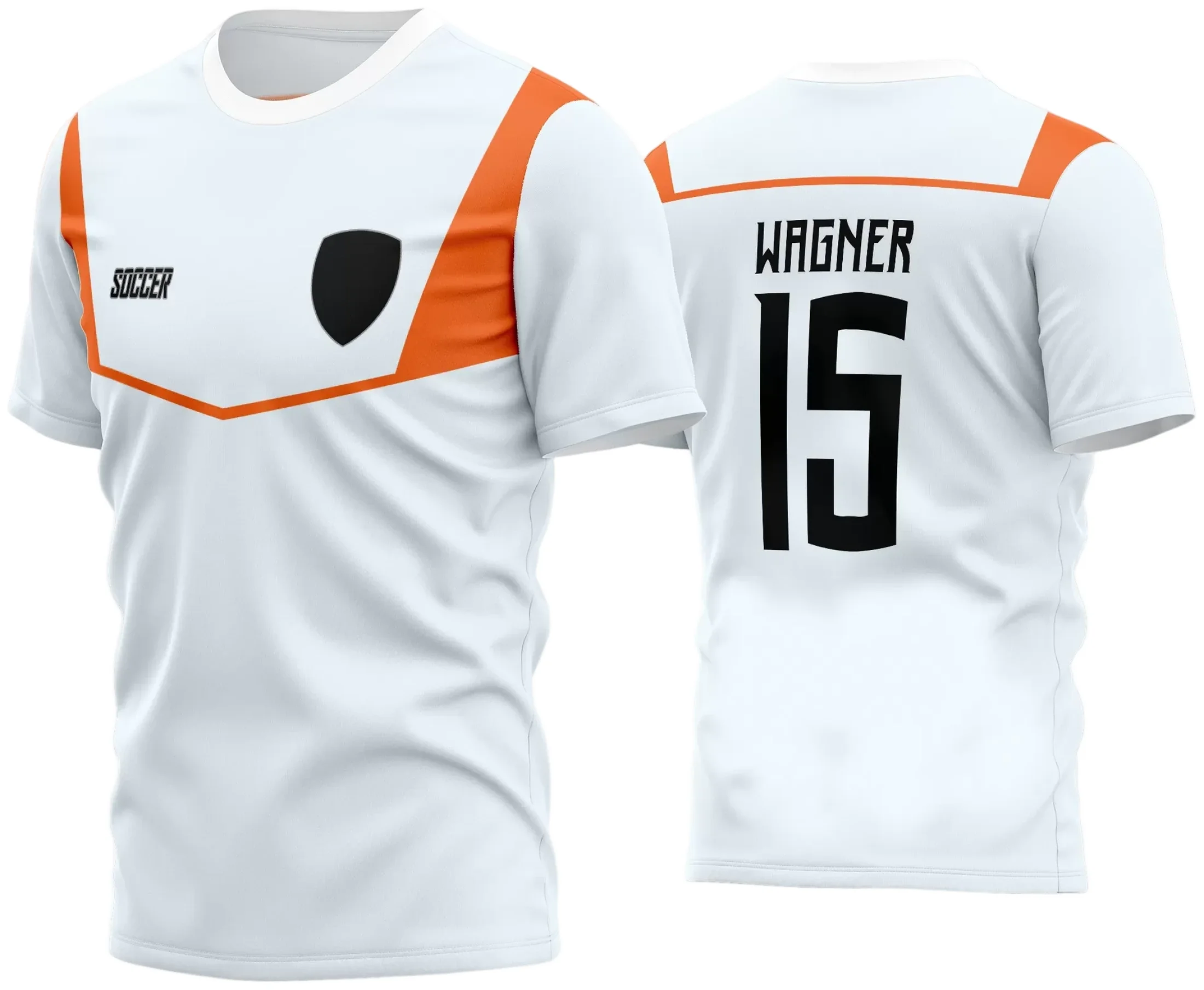 Camisa de futebol amador com logo no peito e estampa grande nas costas, destacando design exclusivo para seu time de forma moderna e estilosa