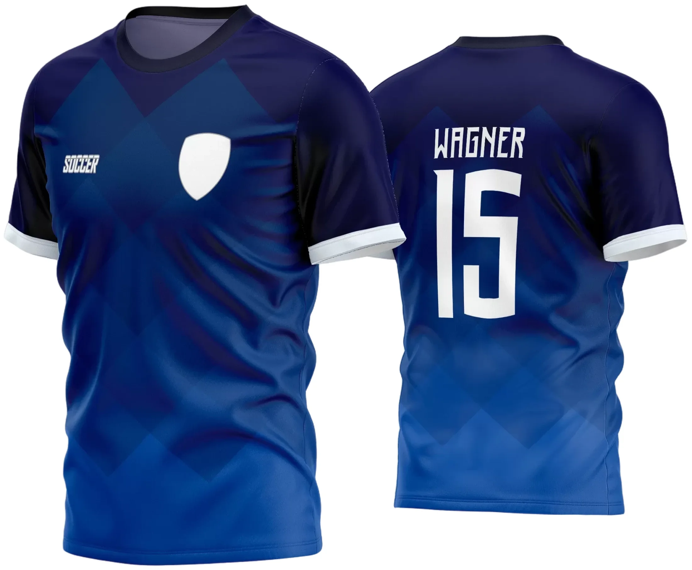 Camisa de futebol amador 2024 com logo no peito e estampa grande nas costas, cores vibrantes e design moderno que destaca o time em campo com visual único e marcante.