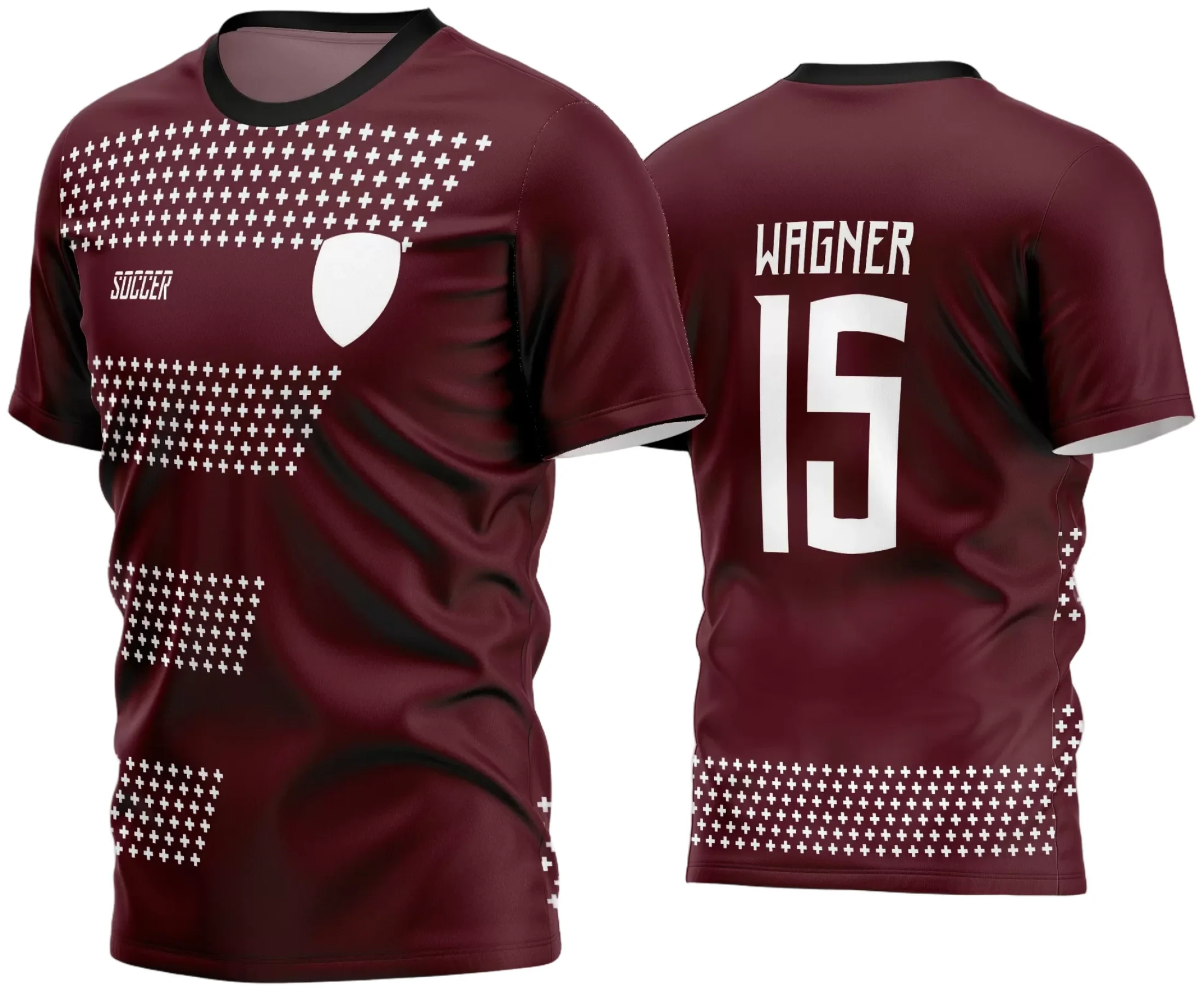 Camisa de futebol amador com logo no peito e estampa grande nas costas em destaque, perfeita para times que querem uniformes únicos e marcantes em campo.