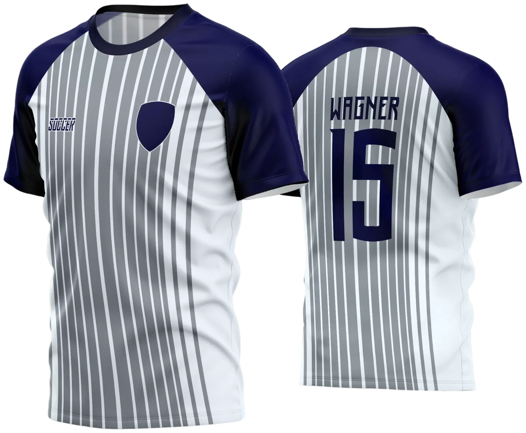 Camisa de futebol amador com logo no peito e estampa grande nas costas, design moderno e vibrante, ideal para times de futebol amador que buscam identidade visual forte e personalizada.