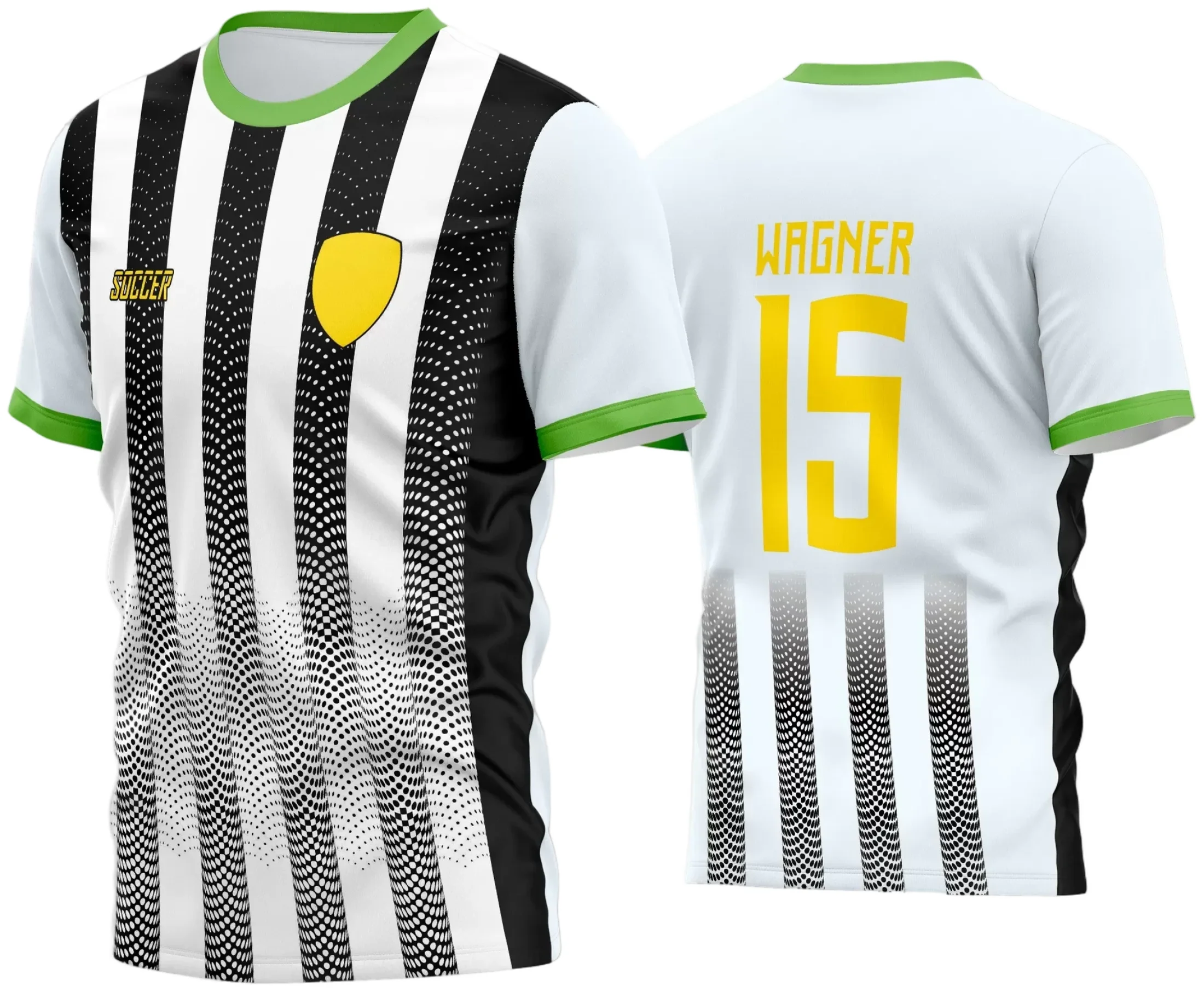 Camisa de time amador com logo no peito e estampa grande nas costas em destaque, perfeita para partidas e eventos esportivos, com design moderno e cores vibrantes que representam união e paixão pelo futebol.