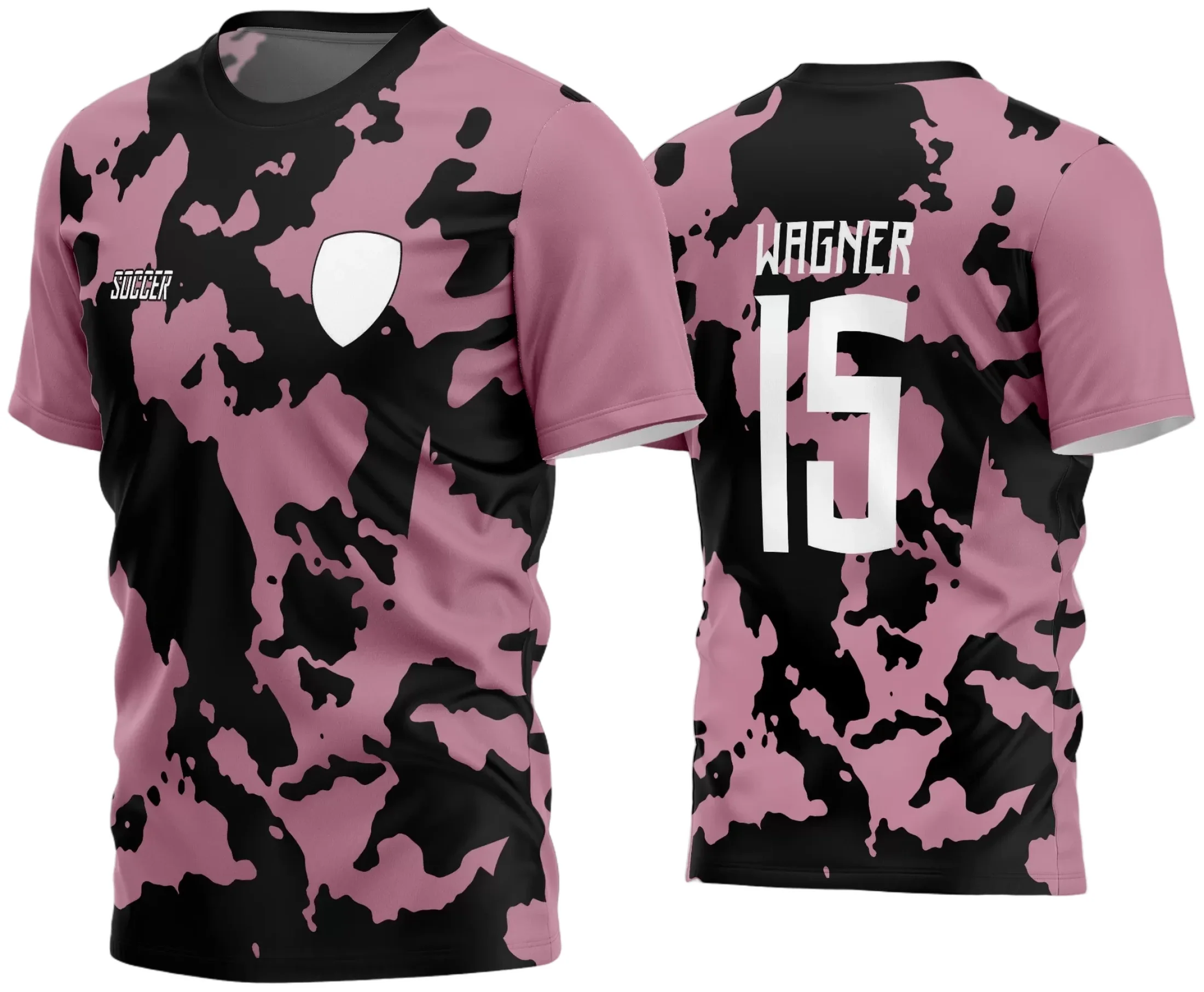 Camisa de futebol amador com logo no peito discreto e estampa grande nas costas que destaca o espírito esportivo com design moderno e vibrante, ideal para times que querem se destacar em campo.