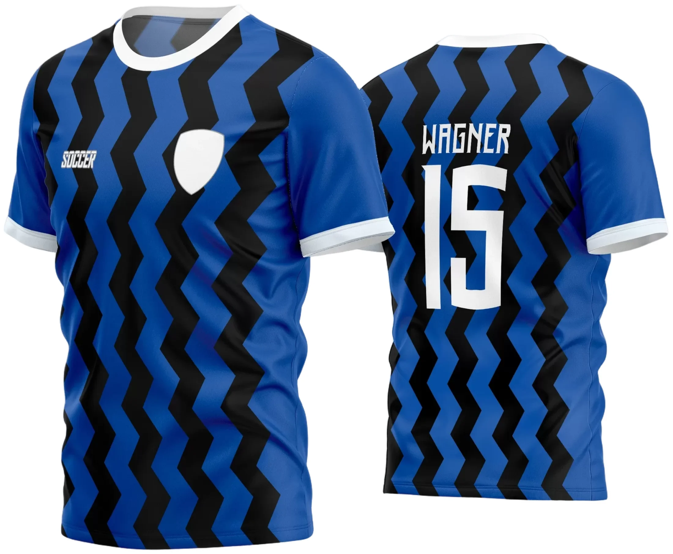 Foto da camisa de futebol amador com logo no peito e estampa grande nas costas em destaque, perfeita para times que buscam identidade e estilo único nas partidas.