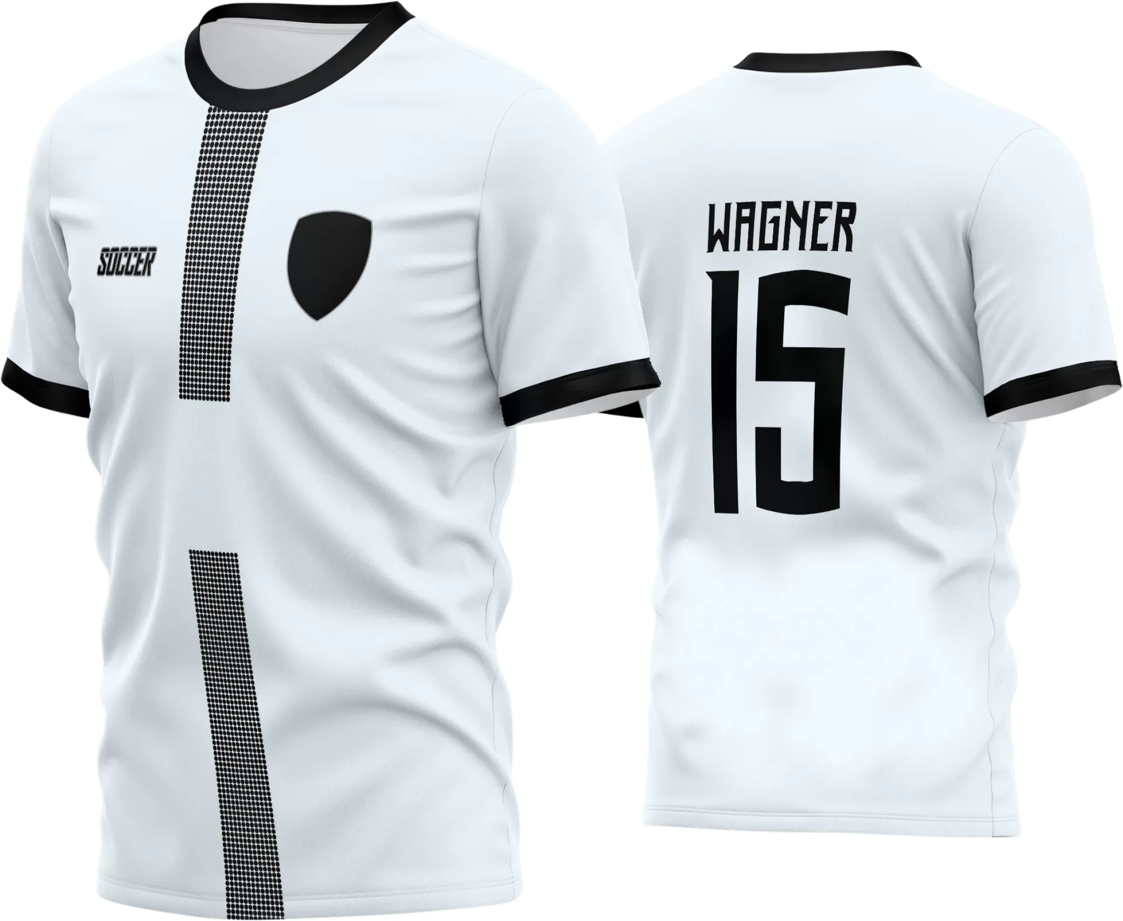 Camisa de futebol amador com logo no peito e estampa grande nas costas, destacando cores vibrantes e design moderno que remetem ao espírito competitivo e união do time em campo.