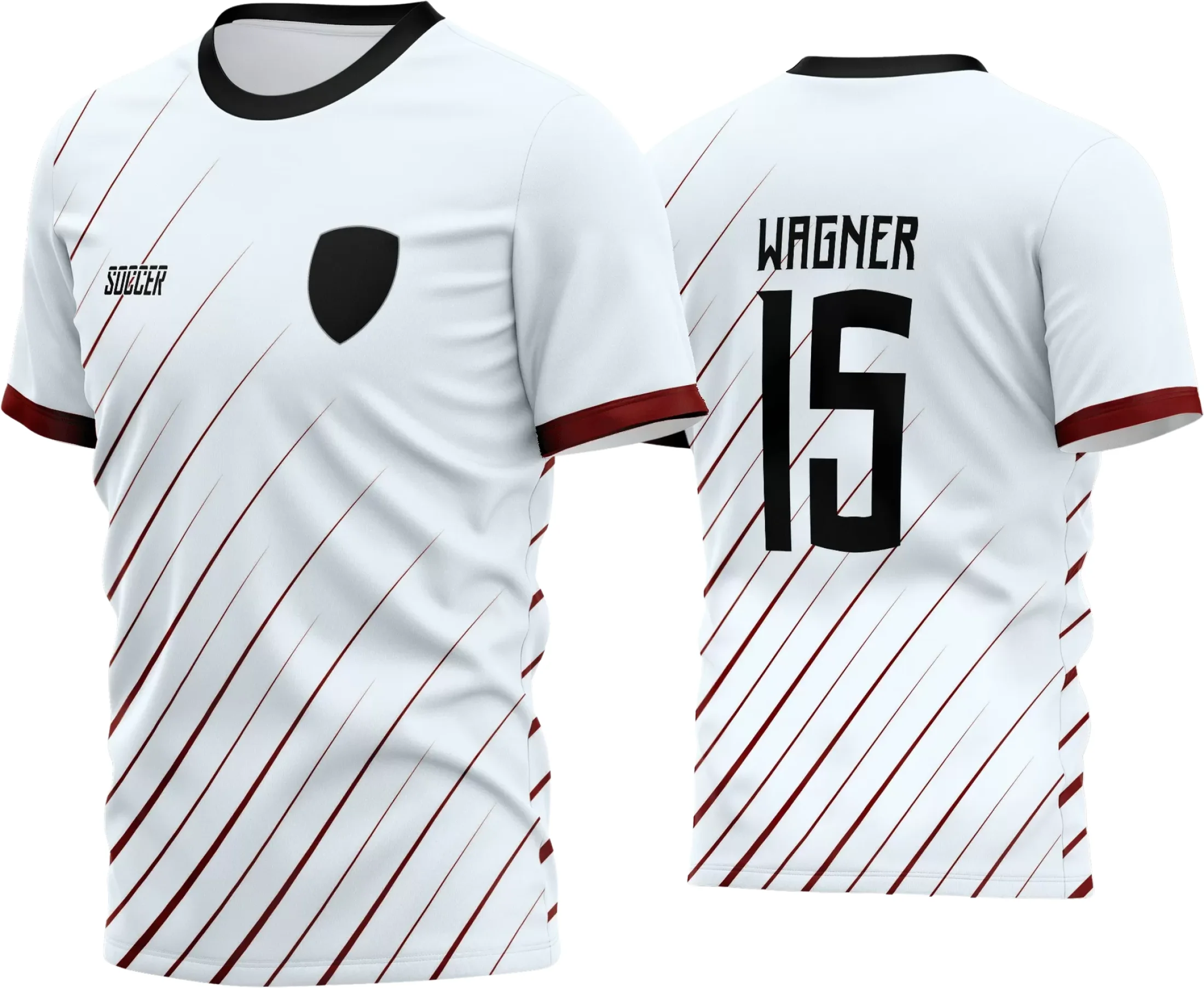 Camisa de futebol amador com logo no peito bem visível e estampa grande nas costas destacando o nome do time e detalhes em cores vibrantes, ideal para reconhecimento e estilo em campo.