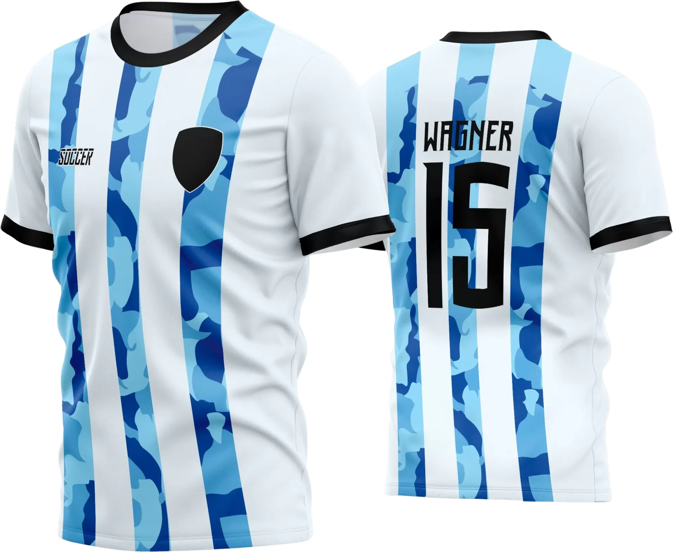 Camisa de futebol com logo no peito e estampa grande nas costas em design moderno, ideal para times amadores em competições ou treinamentos, mostrando estilo e identidade no campo com cores vibrantes e acabamento profissional.