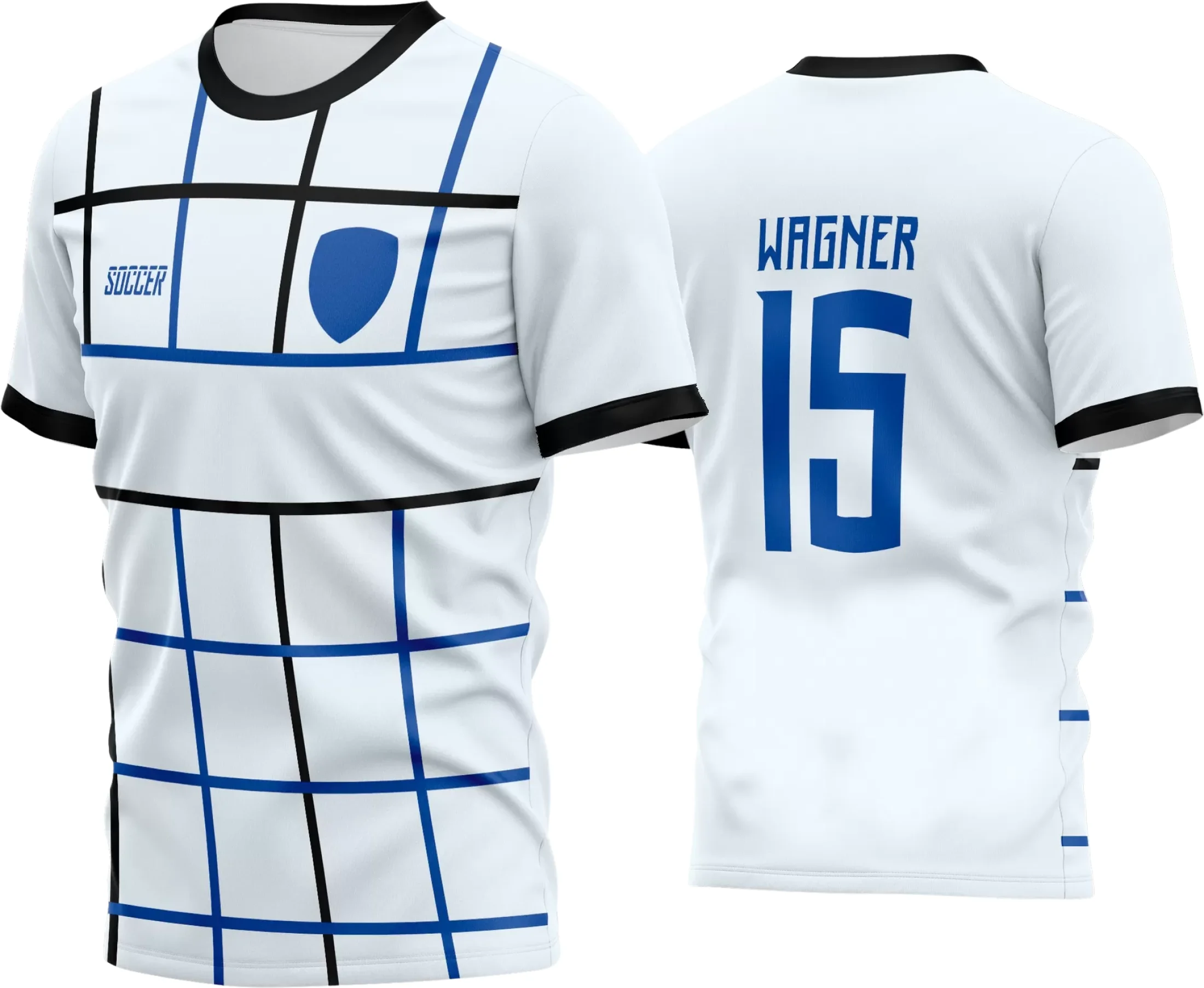 Camisa de futebol amador com logo no peito e estampa grande nas costas mostrando design moderno e vibrante, perfeito para times que buscam destaque em campo e identidade forte.