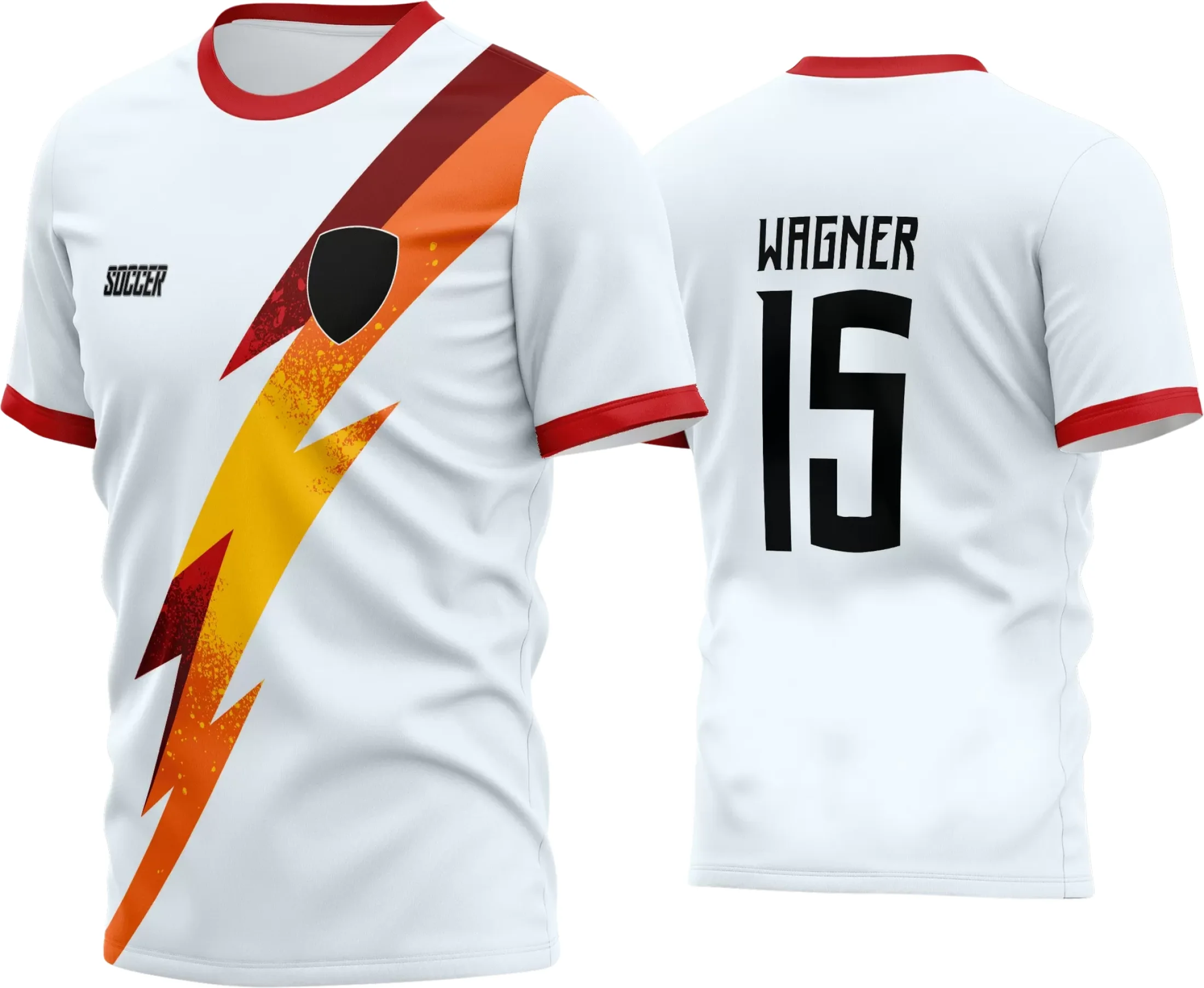 Camisa de futebol amador com logo no peito e estampa grande nas costas, exibindo design moderno e vibrante que valoriza a união do time e traz estilo para as partidas.