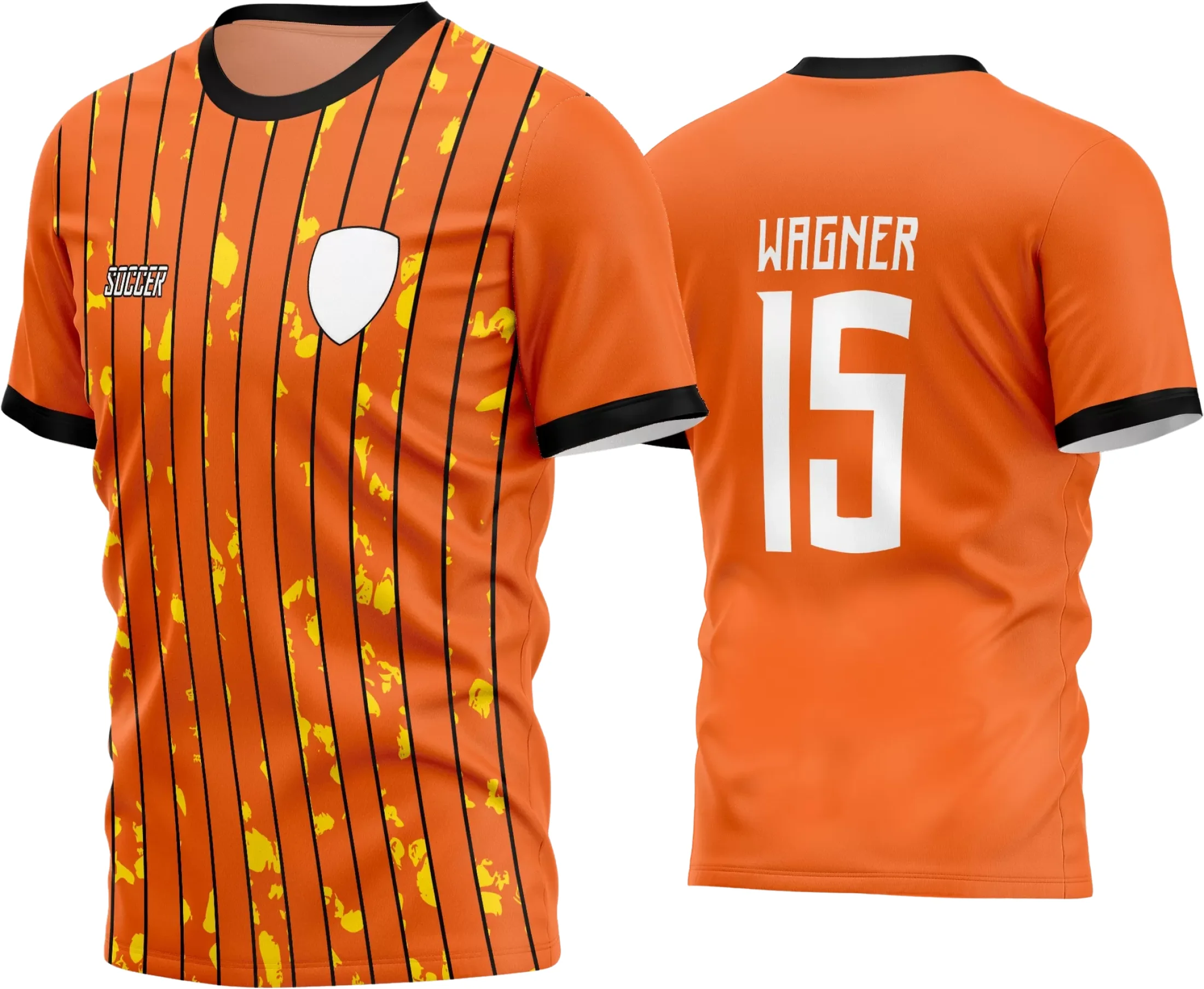 Camisa de futebol amador com logo no peito e estampa grande nas costas em cores vibrantes, ideal para time de futebol local, transmitindo estilo e união em campo.