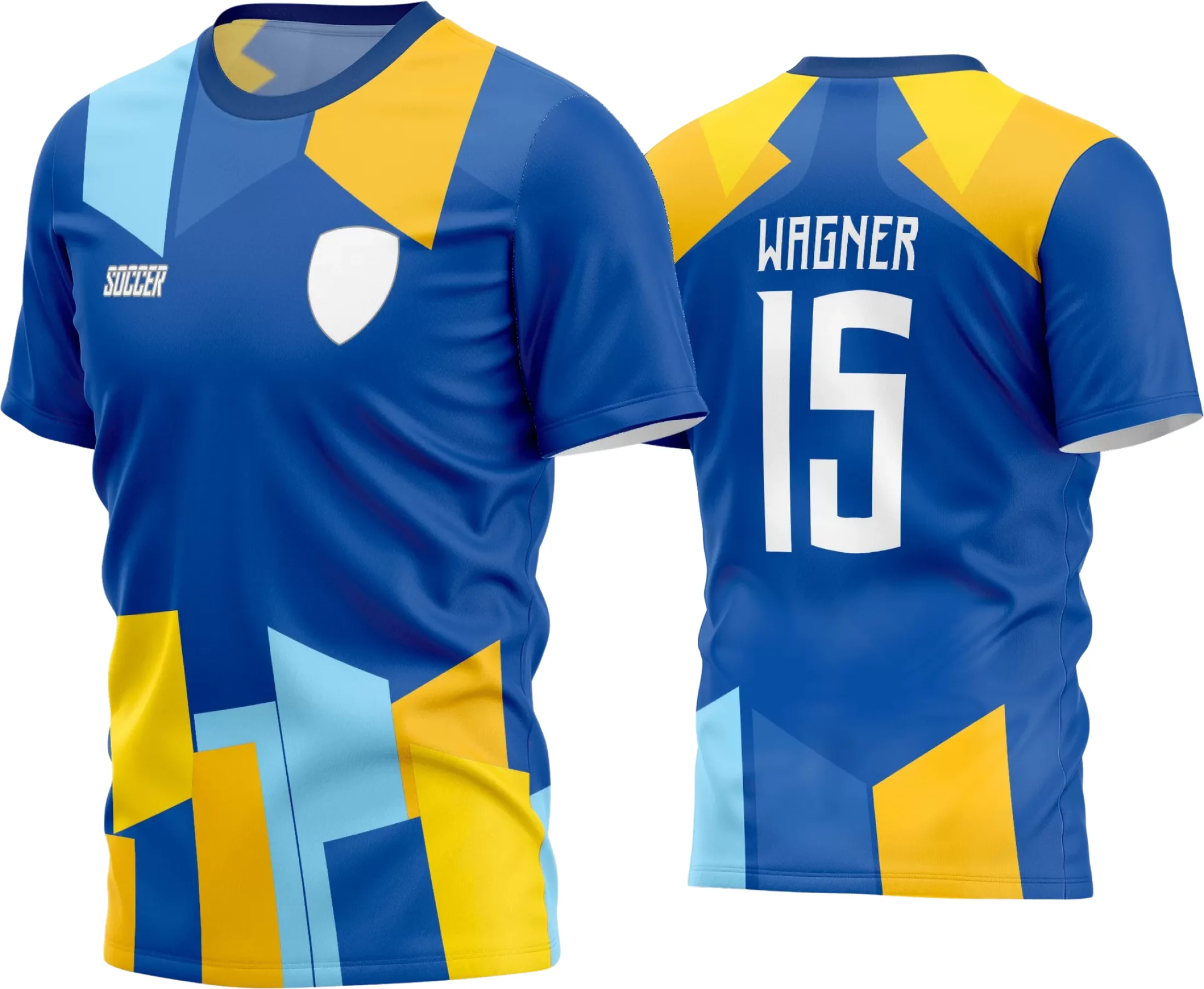 Camisa de futebol com logo no peito e estampa grande nas costas, ideal para times amadores que querem destaque e identidade visual marcante em campo com design moderno e atraente.