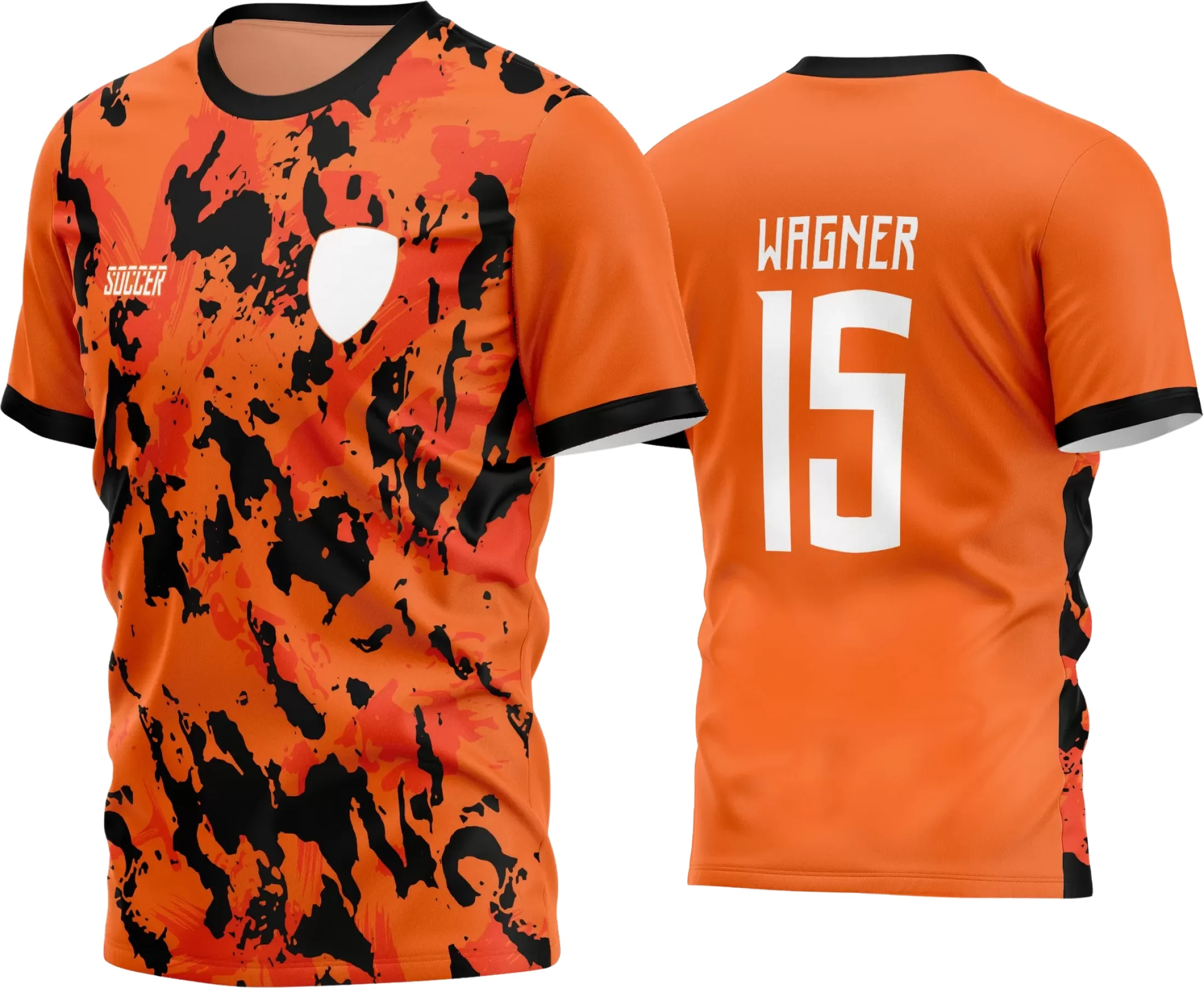 Camisa de futebol com logo no peito e uma estampa grande nas costas, destacando o estilo único e personalidade do time amador em campo.