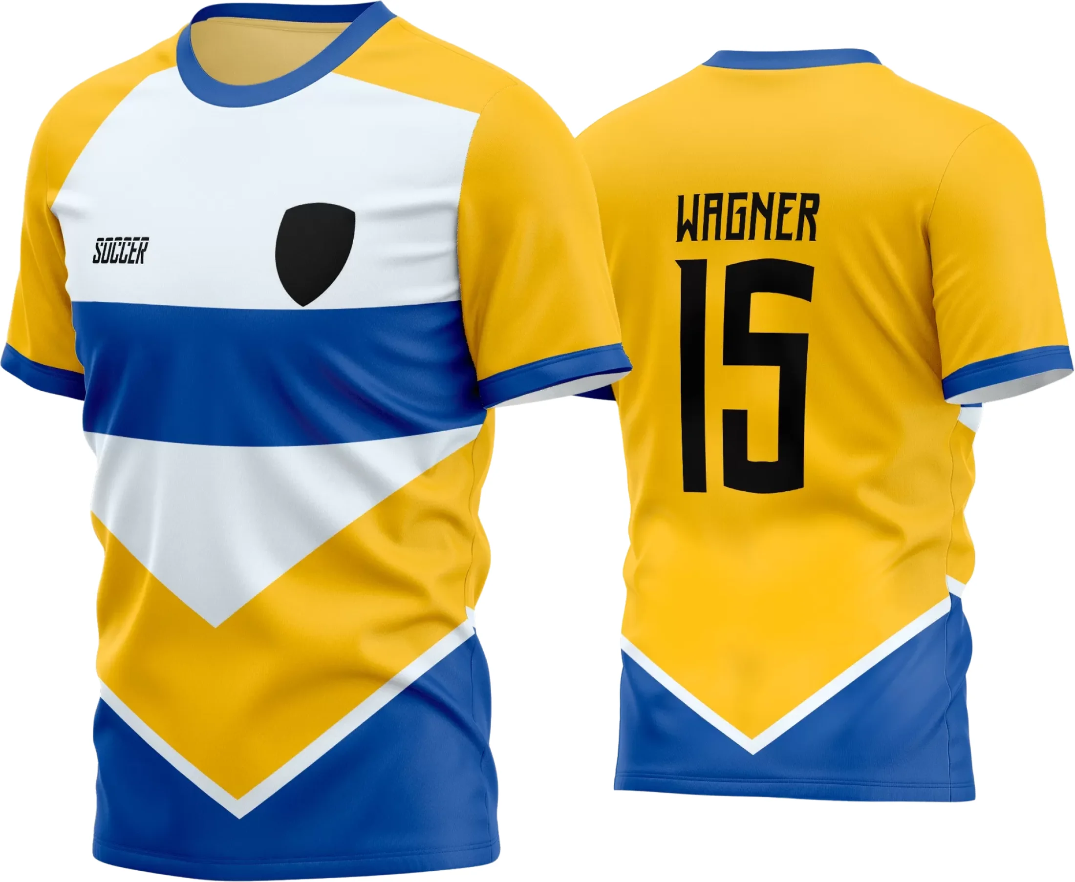 Camisa de futebol estilo amador com logo no peito em destaque e estampa grande nas costas, ideal para times que buscam um visual único e marcante no campo.