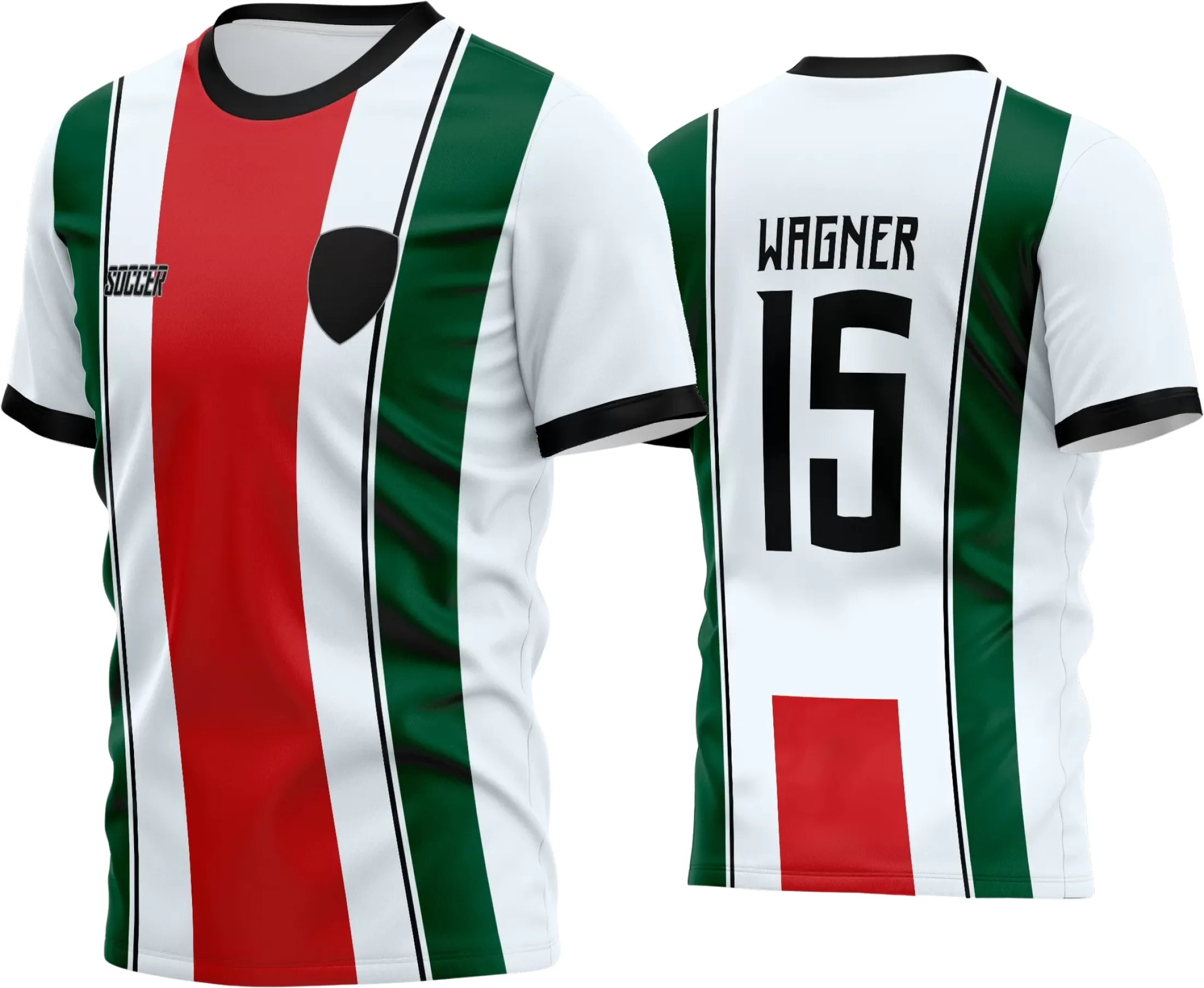 Foto da camisa de futebol amador com logo no peito e estampa grande nas costas, ideal para jogos e campeonatos locais, destacando a identidade visual do time com estilo e personalidade.