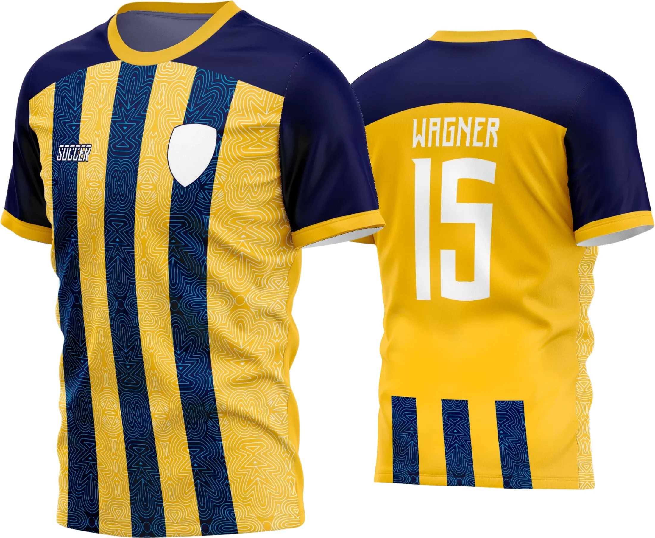 Camisa de futebol amador exibindo logo no peito com estampa grande nas costas em cores vibrantes, ideal para equipes que buscam identidade única durante os jogos.