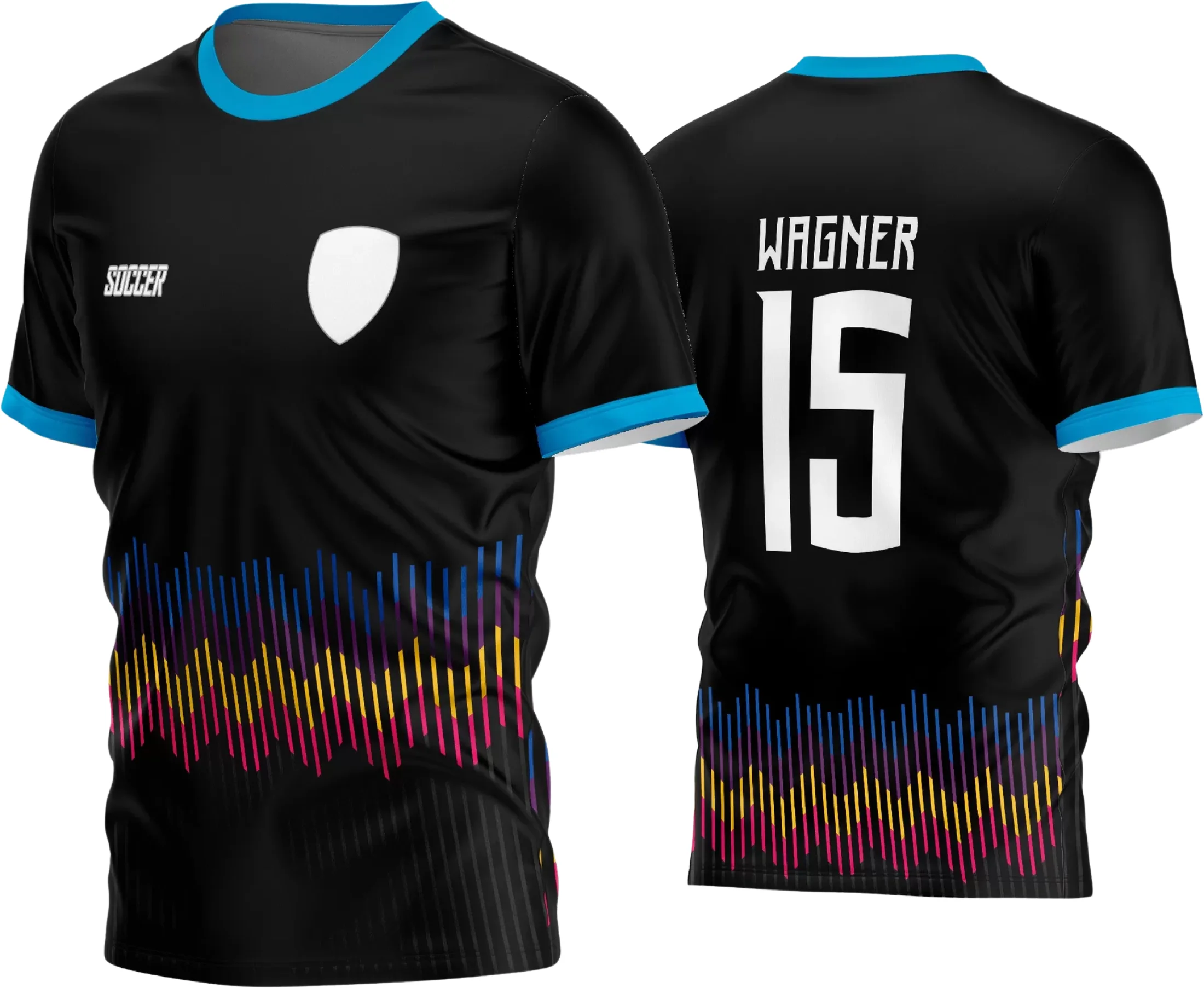 Camisa de futebol amador com logo no peito e estampa grande nas costas, exibindo um design moderno e vibrante perfeito para times locais e eventos esportivos.