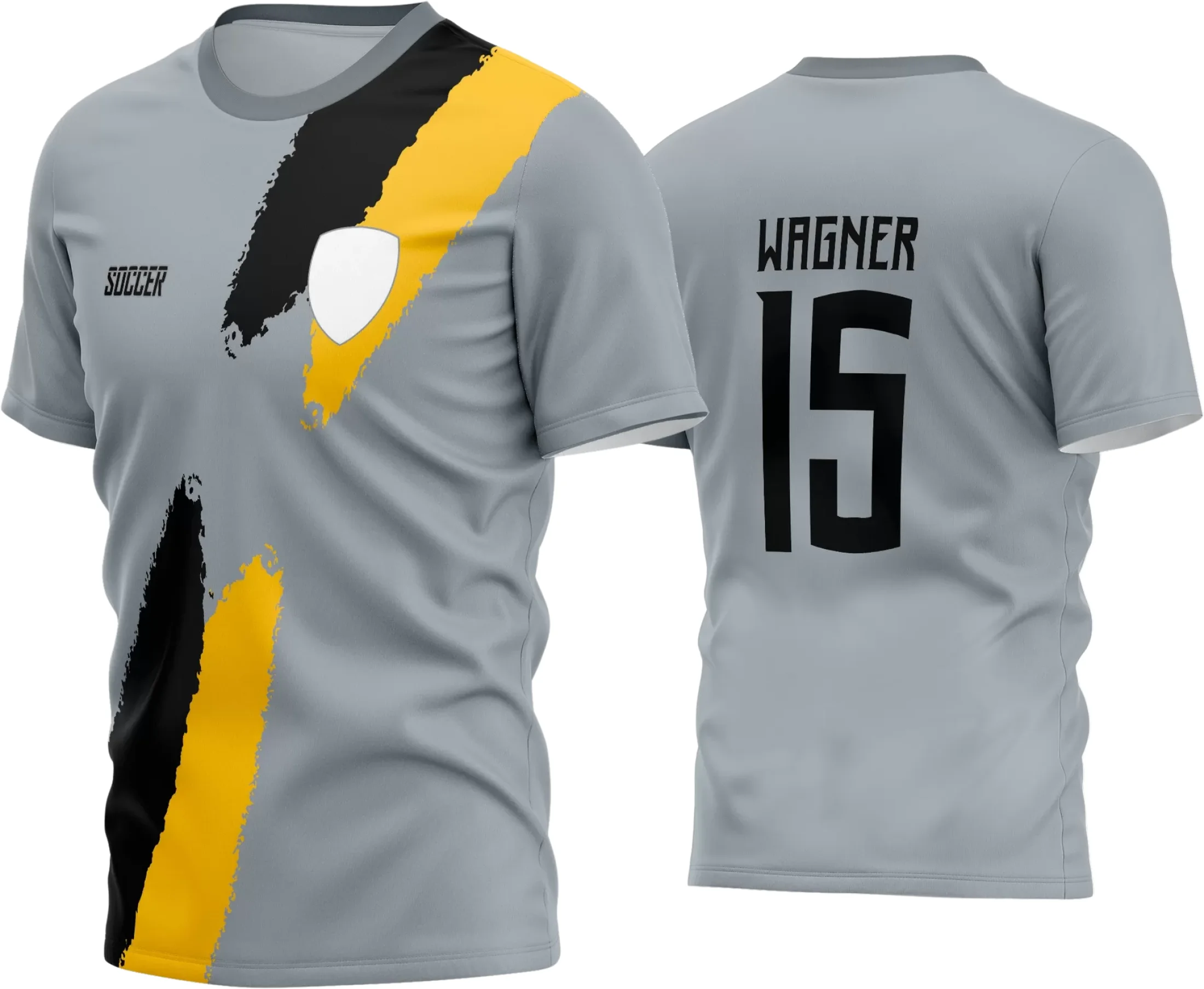 Camisa de futebol amador com logo no peito e estampa grande nas costas, apresentando design moderno e marcante, ideal para uniformizar seu time com estilo e personalidade.