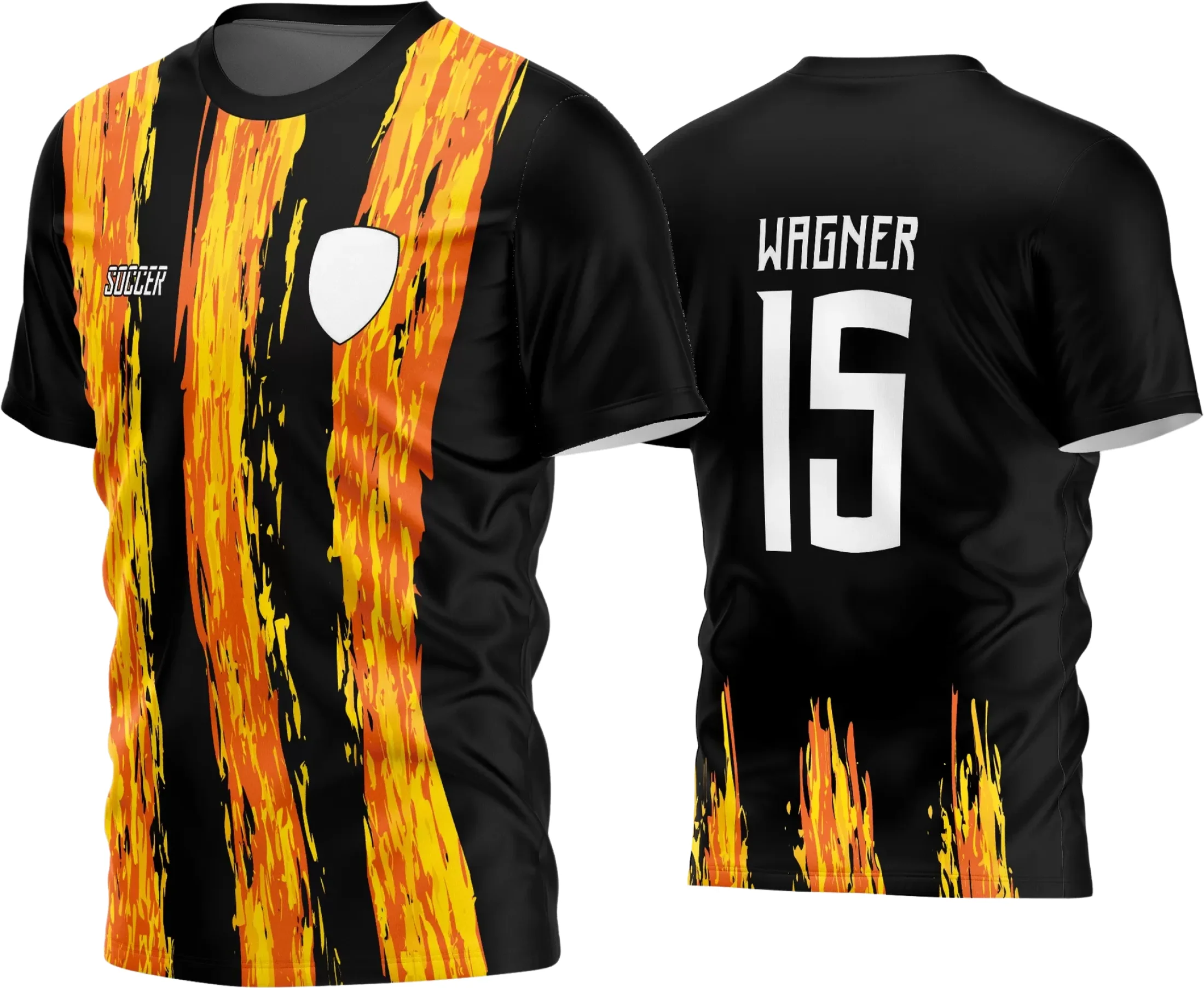 Camisa de futebol amador com logo no peito e estampa grande nas costas exibindo cores vibrantes e design moderno, ideal para times que buscam estilo e identidade única em campo.