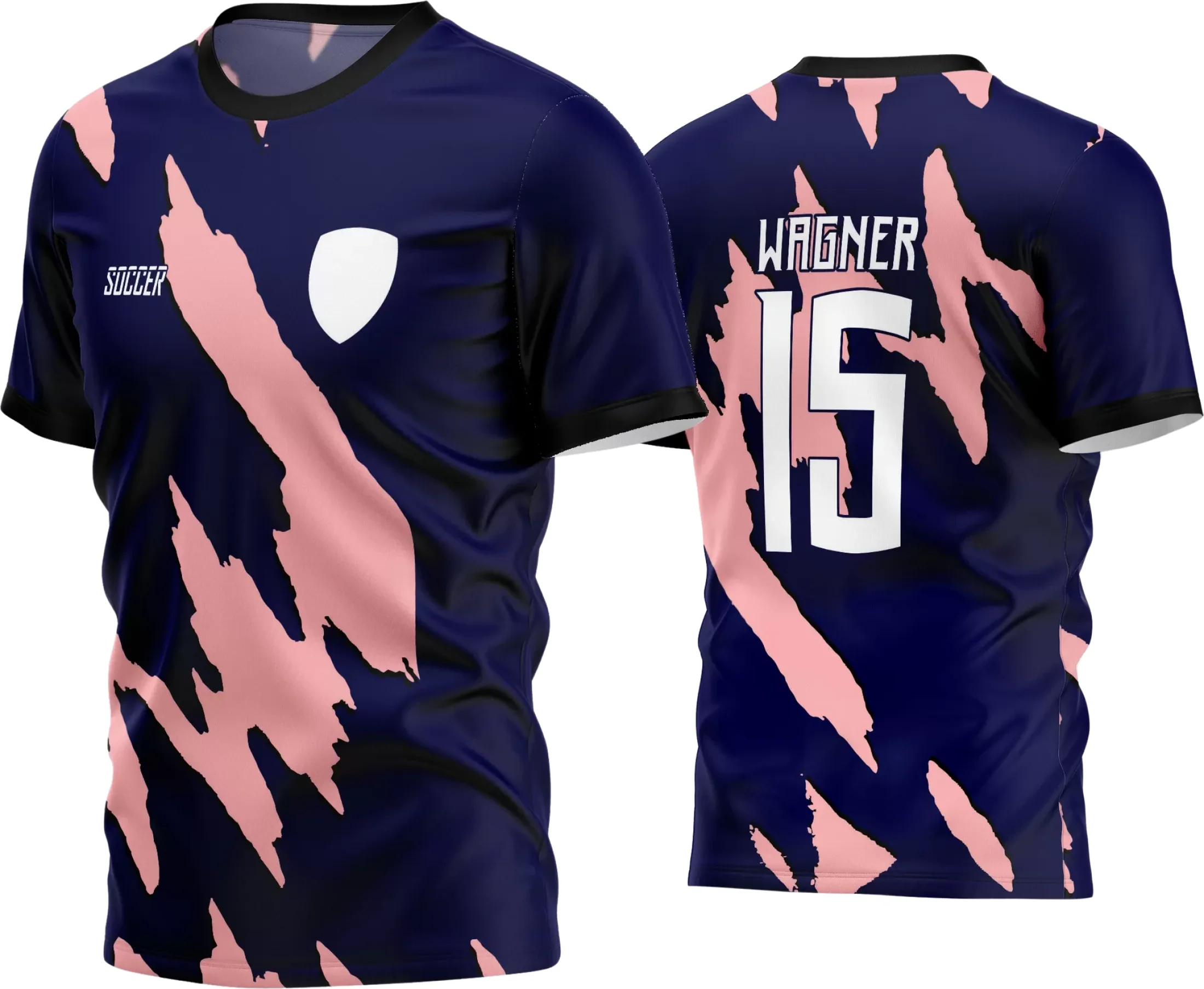 Camisa de futebol amador com logo no peito e estampa grande nas costas ideal para times esportivos em estilo único e moderno, combinando tradição e inovação para o jogo