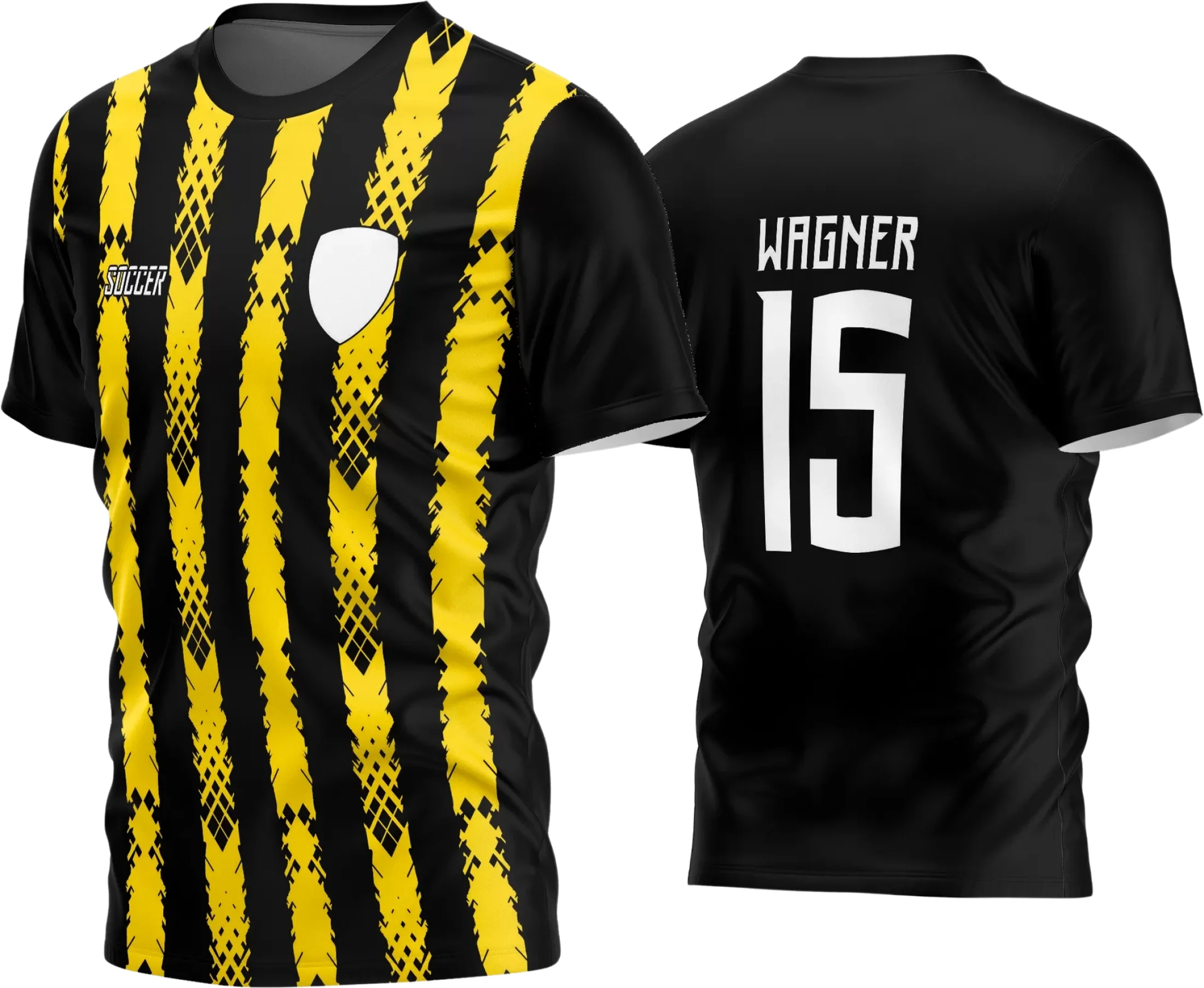 Camisa final com logo no peito e estampa grande nas costas, ideal para equipes amadoras de futebol, apresentando design moderno e cores vibrantes.