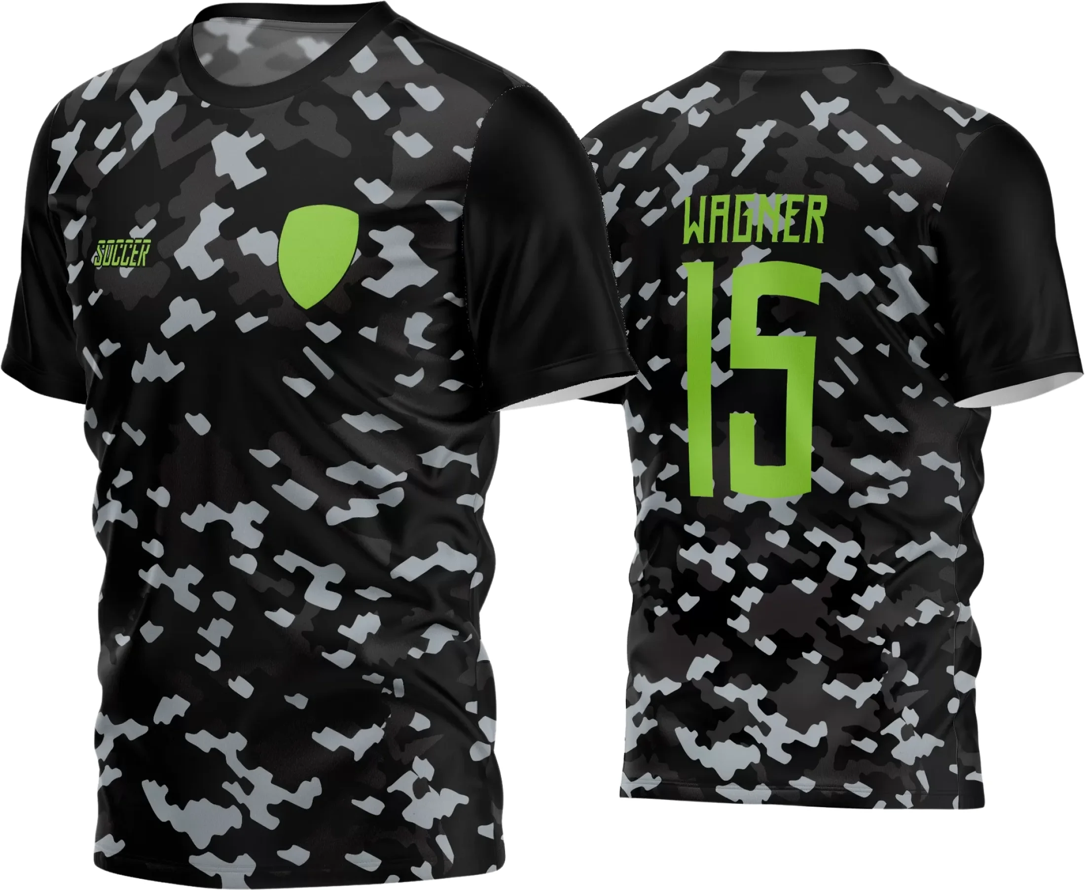 Camisa de futebol amador com logo no peito e estampa grande nas costas, ideal para times que buscam um visual moderno e cheio de personalidade em campo.