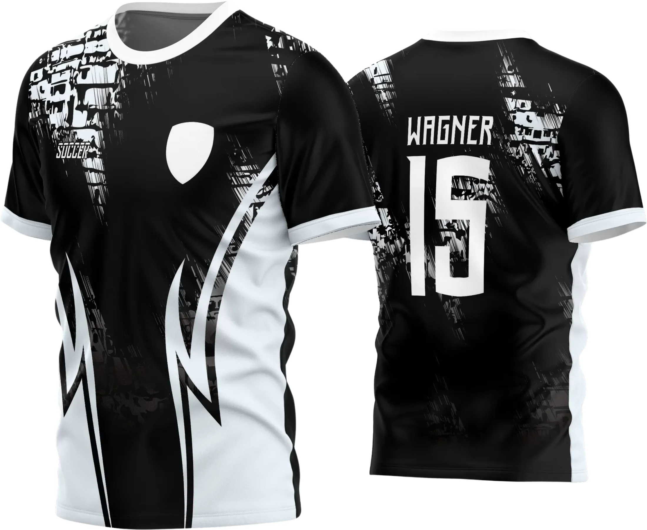 Camisa de futebol amador com logo no peito e estampa grande nas costas, nas cores vibrantes típicas de times locais, perfeita para partidas e eventos esportivos comunitários.