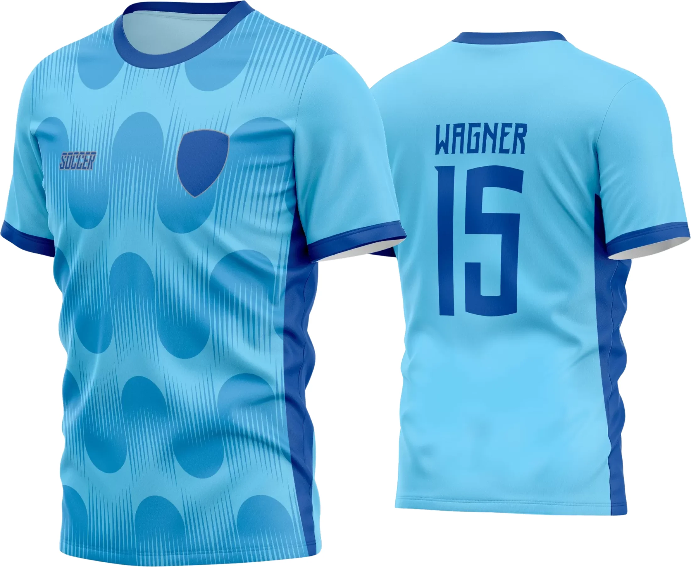 Camisa final de futebol amador com logo no peito e estampa grande nas costas, visual moderno e vibrante que destaca a paixão pelo esporte em campo