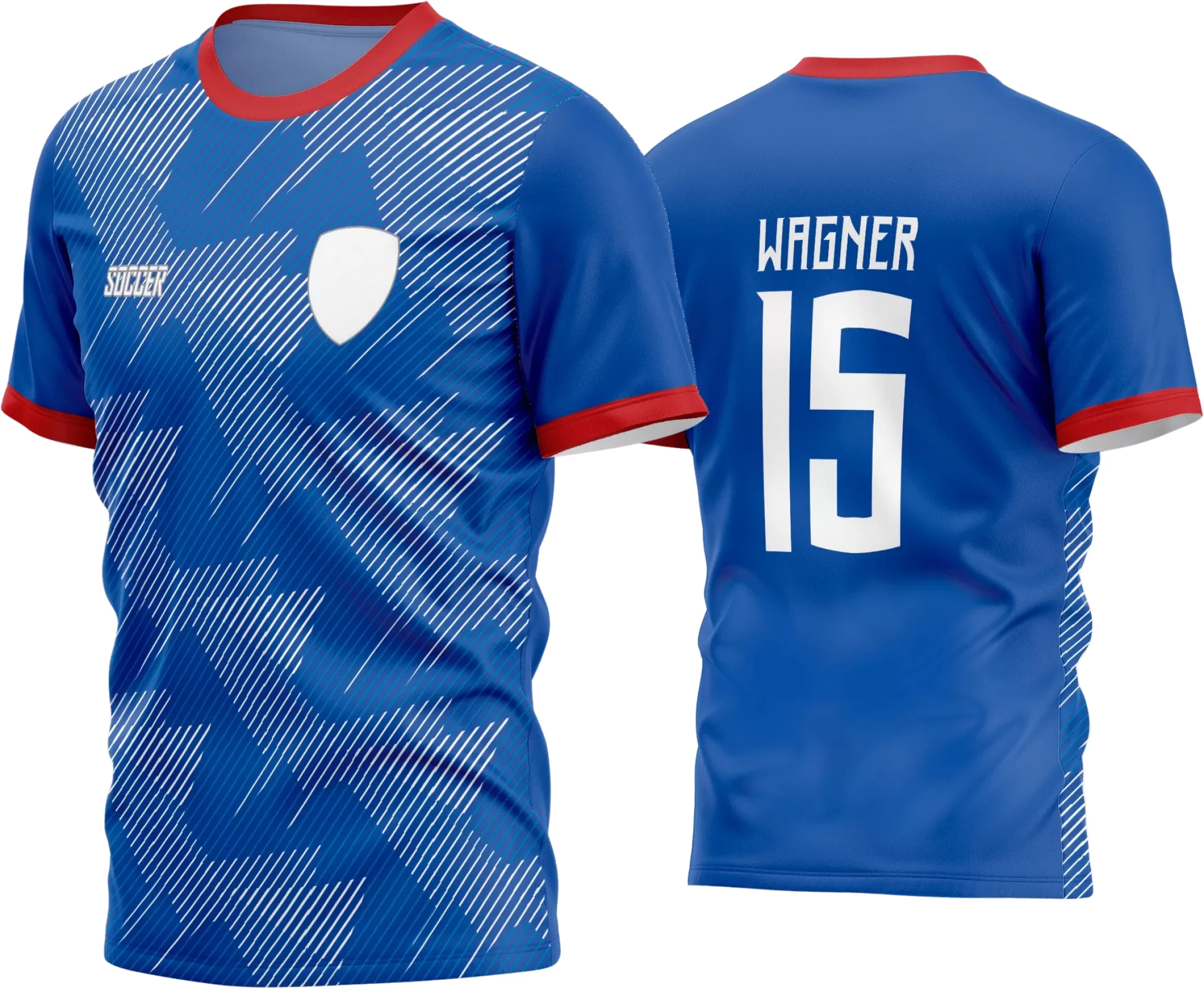 Foto da camisa de futebol amador com logo no peito e estampa grande nas costas, em cores vibrantes e design moderno, perfeita para equipes que buscam identidade única e visual impactante em campo.