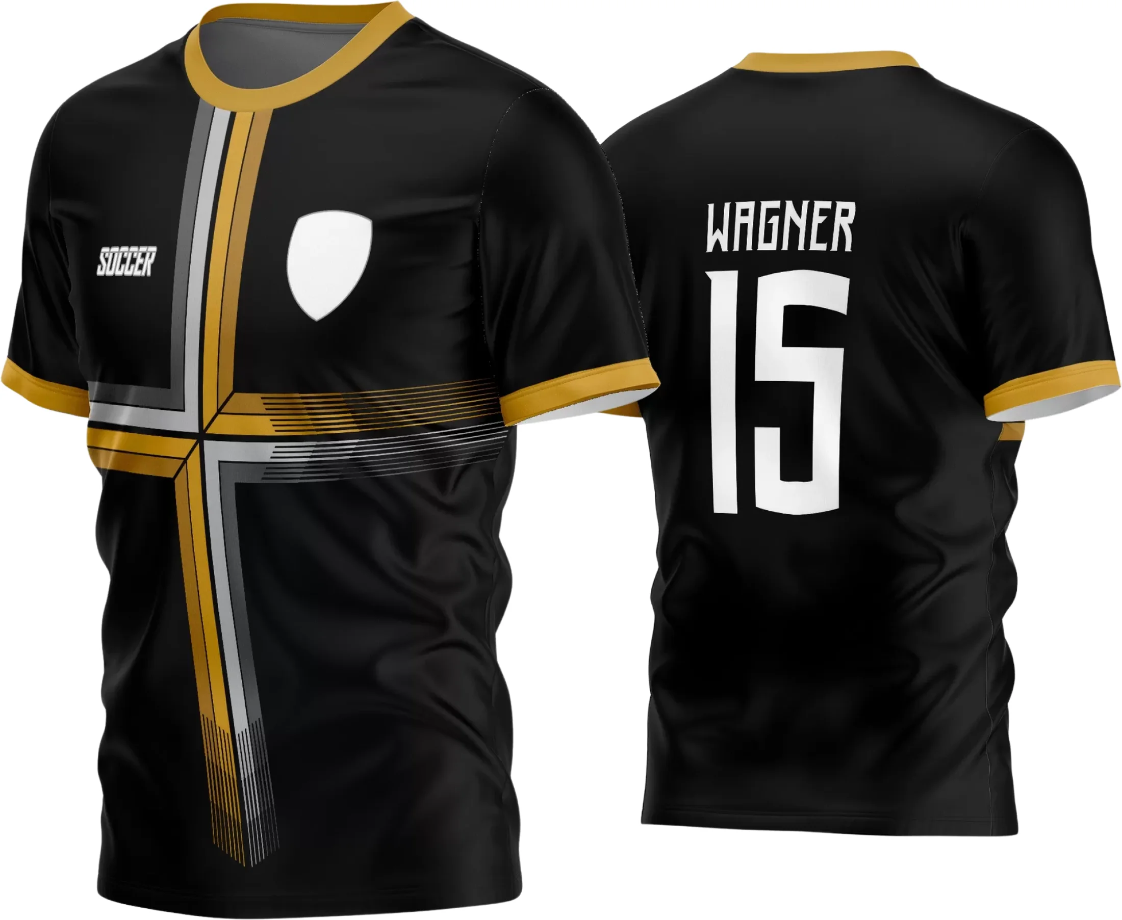 Camisa de futebol amador com logo no peito e estampa grande nas costas, exibindo design moderno e cores vibrantes, perfeita para times que buscam identidade e estilo dentro de campo.