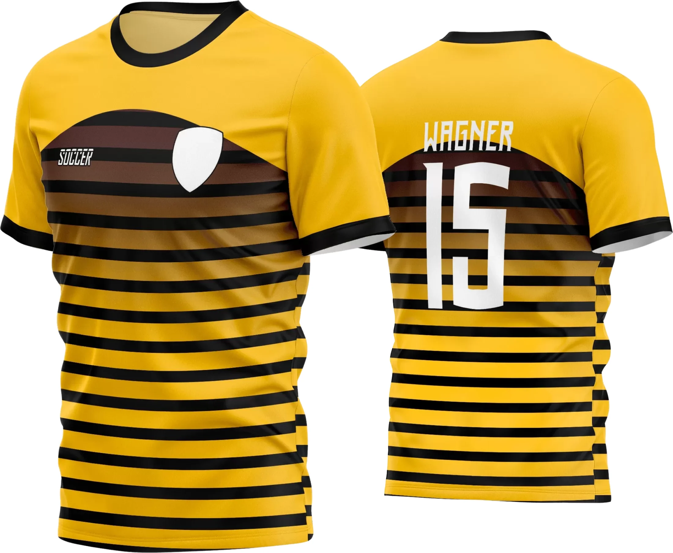 Camisa de futebol amador com logo no peito e estampa grande nas costas, exibindo design moderno e vibrante em cores chamativas, perfeita para times que buscam estilo e personalidade em campo.