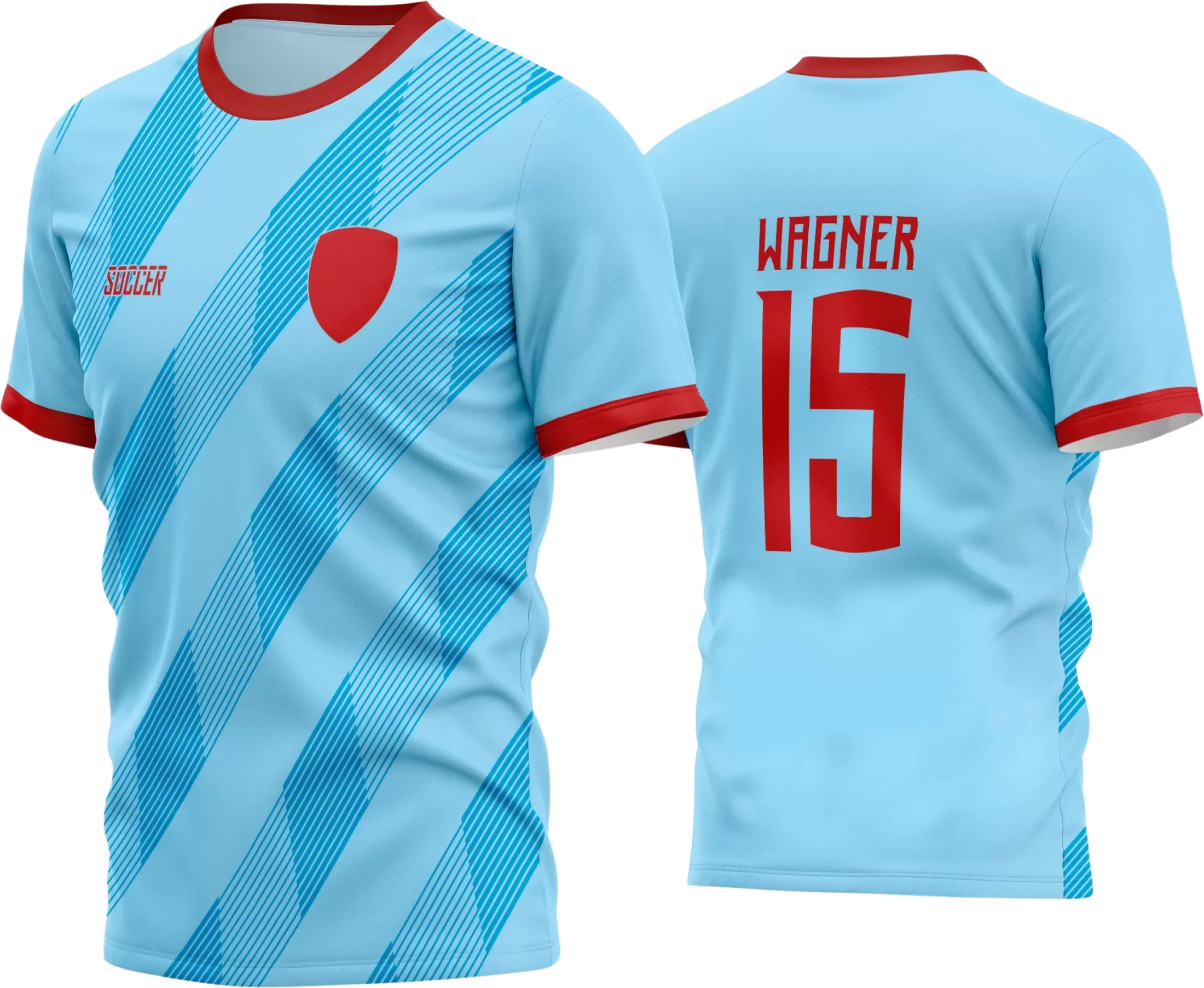 Foto da camisa de futebol amador com logo no peito, destacando uma estampa grande e vibrante nas costas que chama atenção em jogos e treinos.