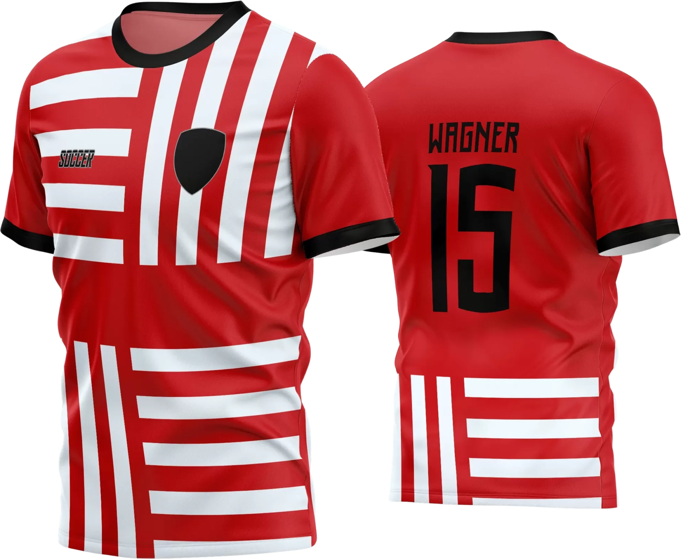 Imagem da camisa de futebol amador com logo no peito e estampa grande nas costas, ideal para times que buscam estilo e autenticidade nas partidas de 2024.