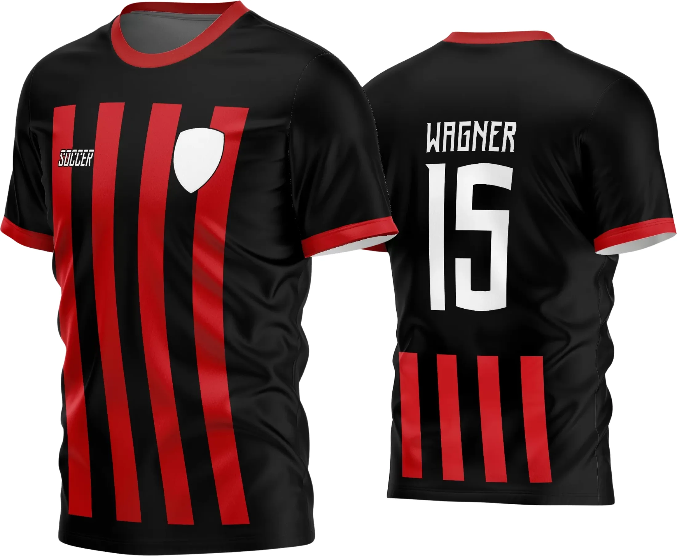 Camisa de futebol amador com logo no peito e estampa grande nas costas, com design moderno e cores vibrantes, ideal para times locais que buscam estilo e identidade única em campo.