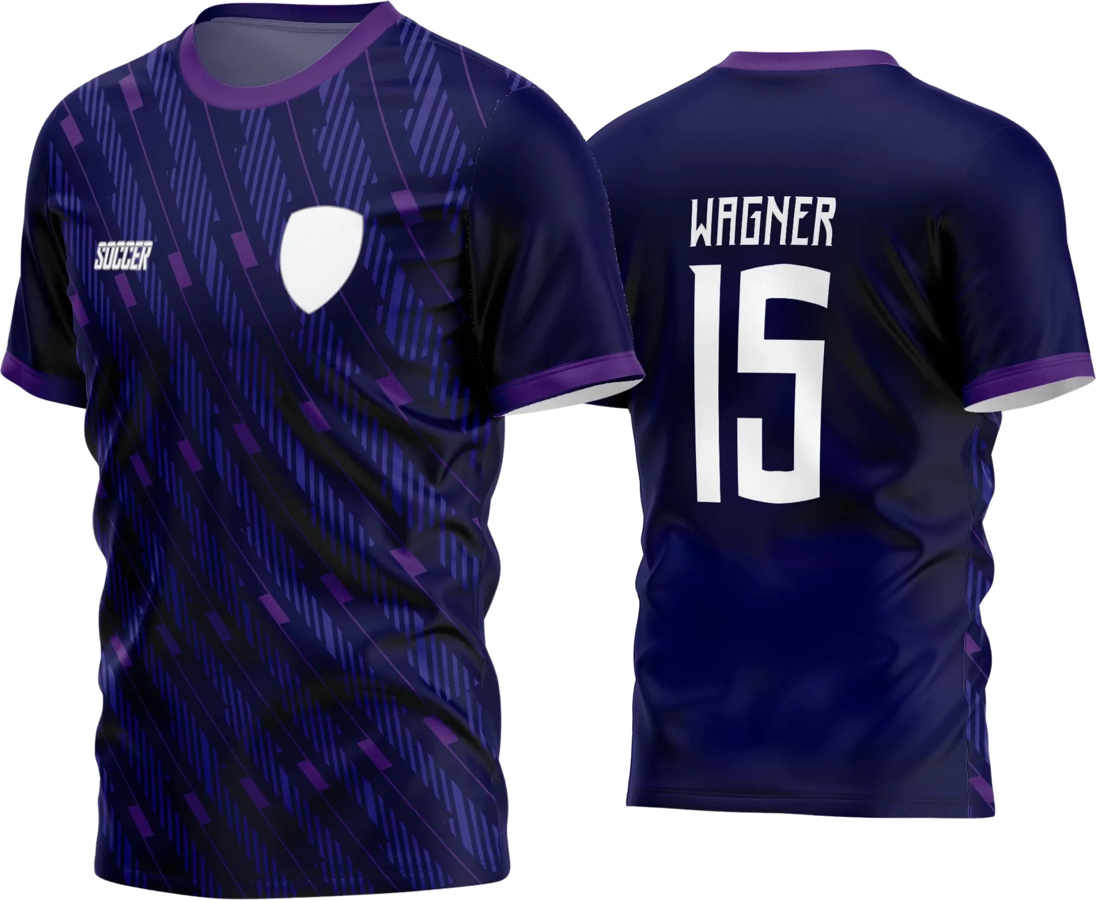 Camisa de futebol amador com logo no peito e estampa grande nas costas, design moderno e vibrante que destaca a identidade do time em campo de forma marcante e estilosa.