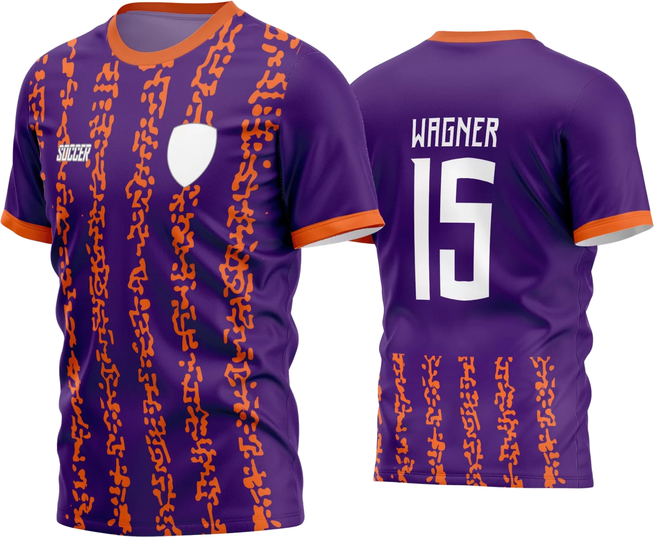 Camisa de futebol amador com logo no peito destacado e estampa grande nas costas, apresentando design moderno e cores vibrantes, perfeito para times que buscam estilo e identidade única em campo.