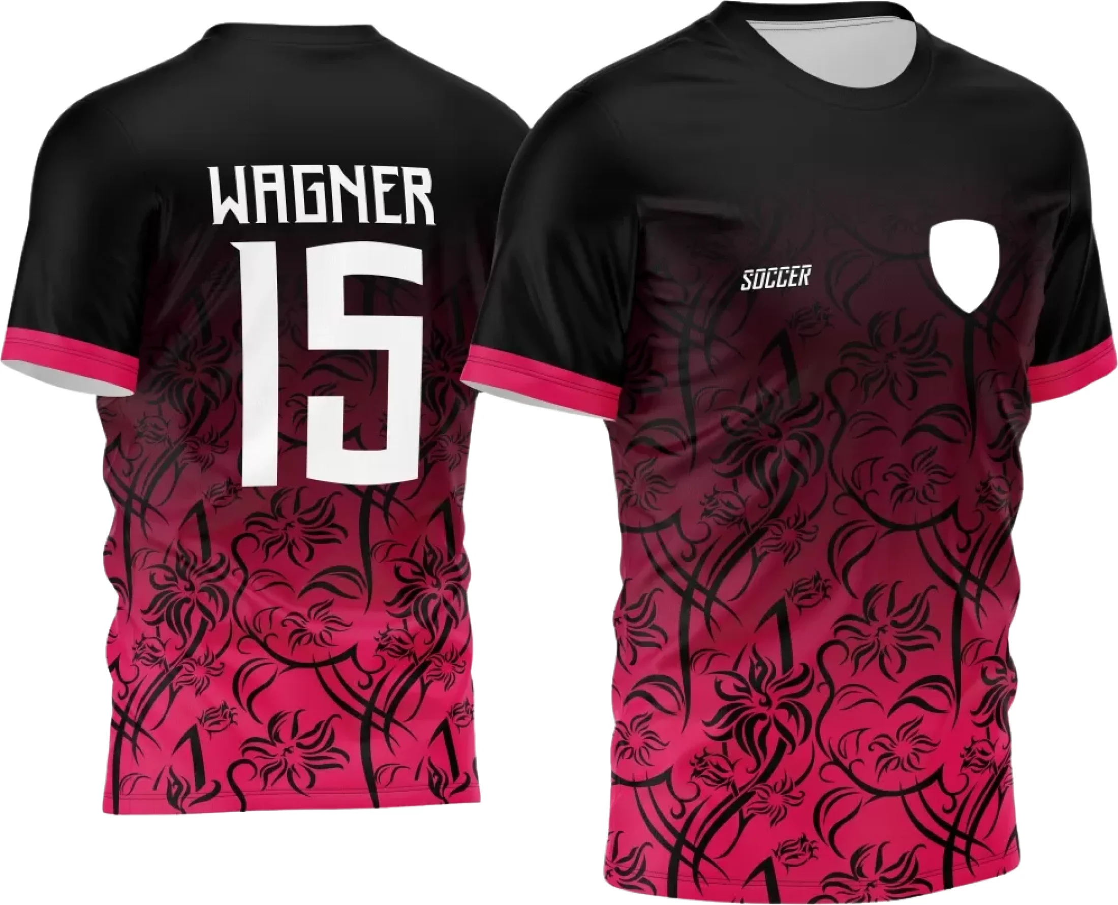 Camisa de futebol amador com logo no peito e estampa grande nas costas em destaque, mostrando um design moderno e vibrante ideal para times de futebol amador.