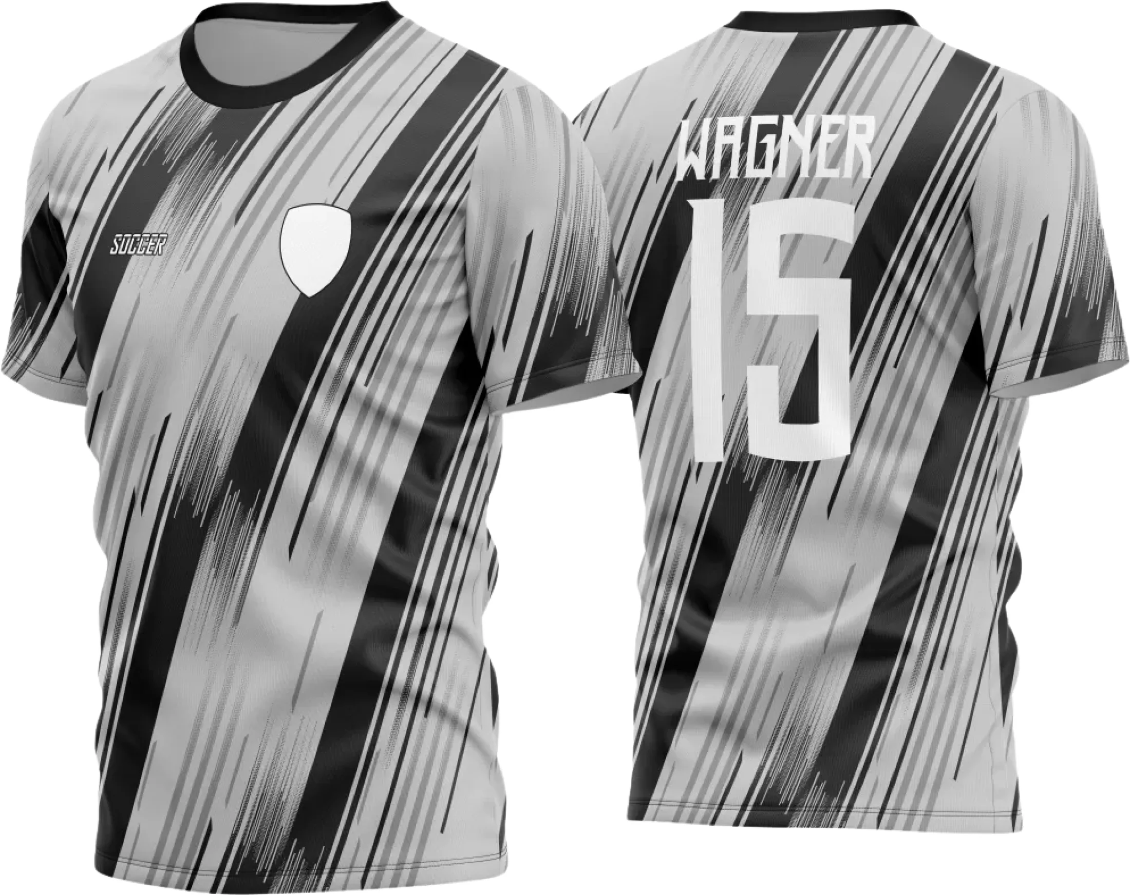 Camisa de futebol amador com logo no peito e estampa grande nas costas destacando o estilo moderno e esportivo, perfeita para times que buscam identidade visual marcante e originalidade em campo.