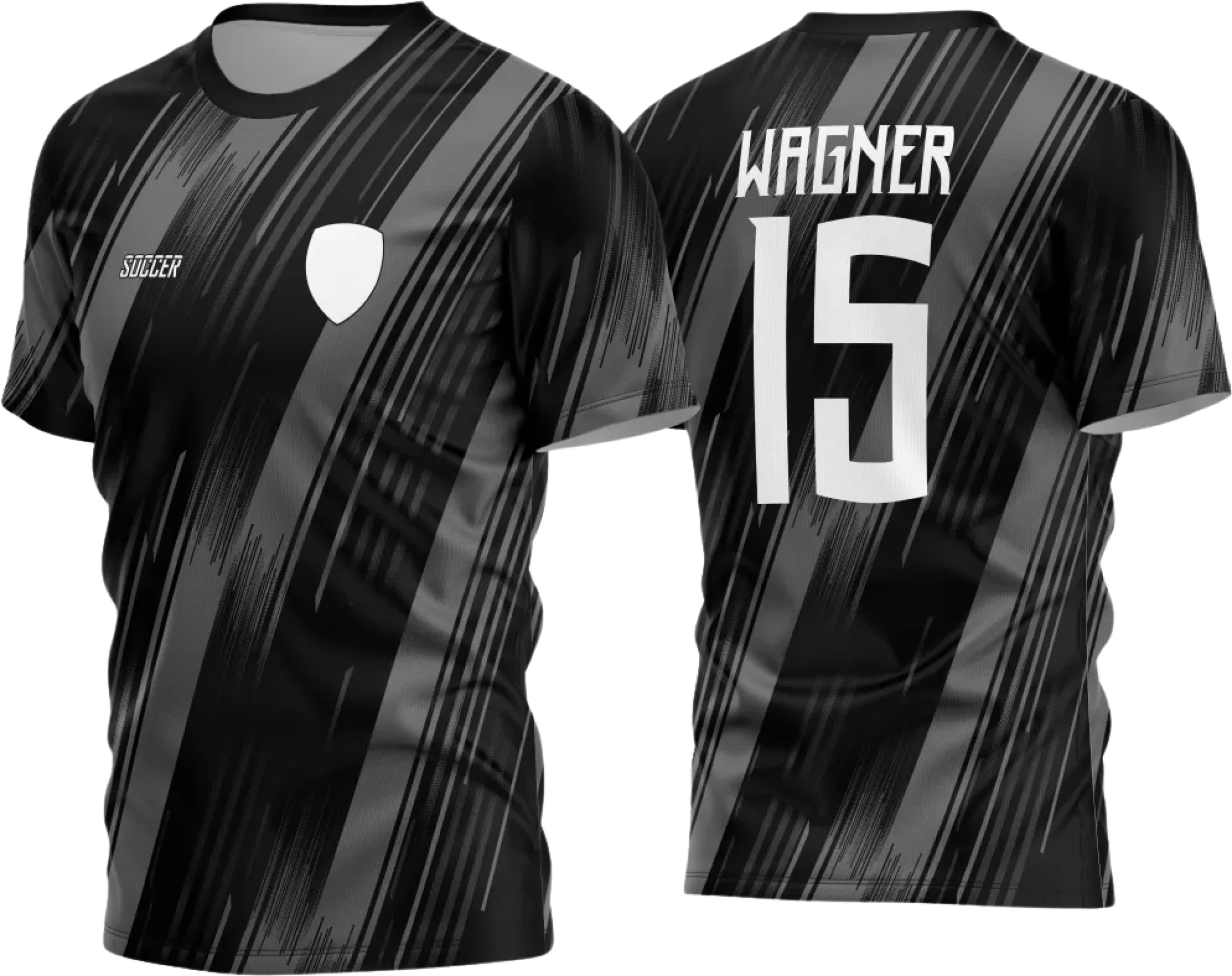 Camisa de futebol amador com logo no peito e estampa grande nas costas, destaque para cores vibrantes e design moderno que valoriza a identidade do time em campo.