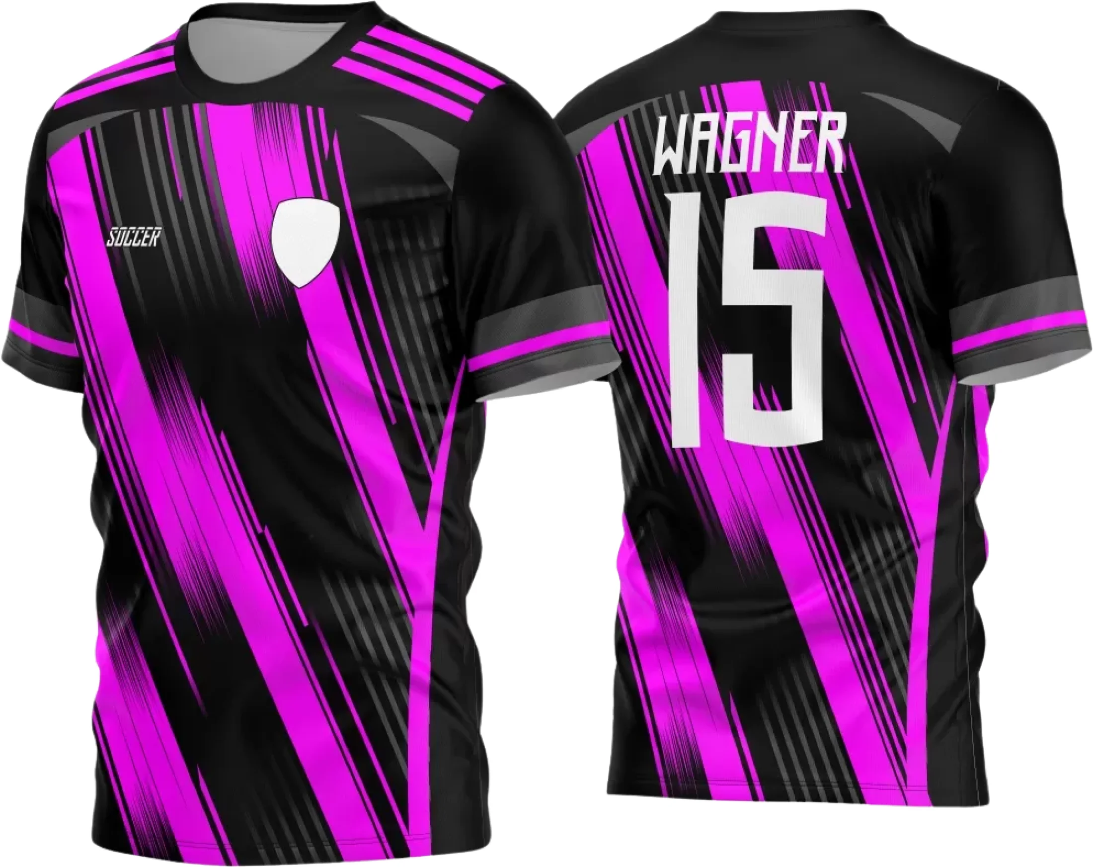 Camisa de futebol amador com logo no peito e estampa grande nas costas, em cores vibrantes e design moderno ideal para times locais e eventos esportivos.