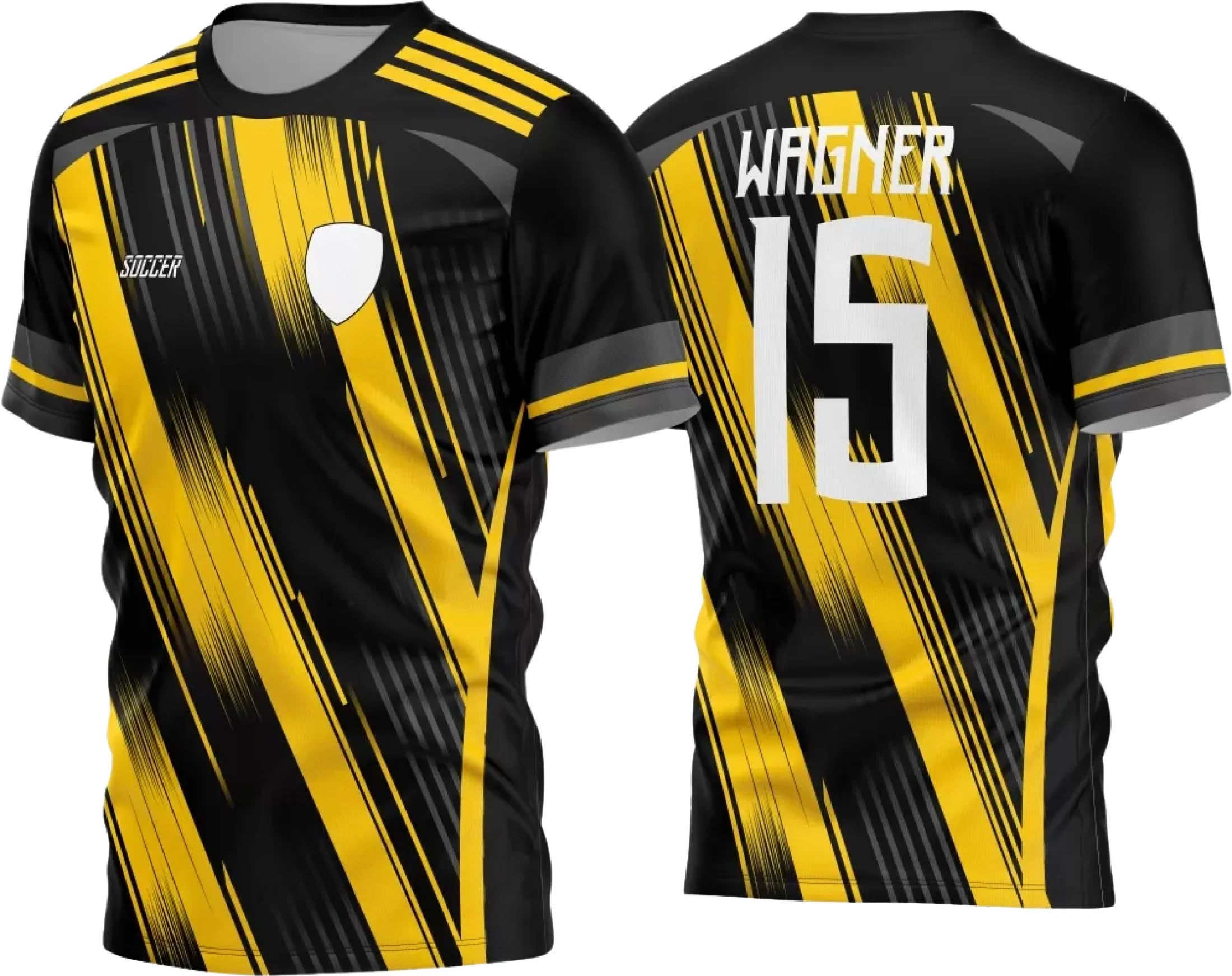 Camisa de futebol amador com logo no peito e estampa grande nas costas, exibindo um design moderno e vibrante ideal para times que buscam personalidade e estilo nas partidas.