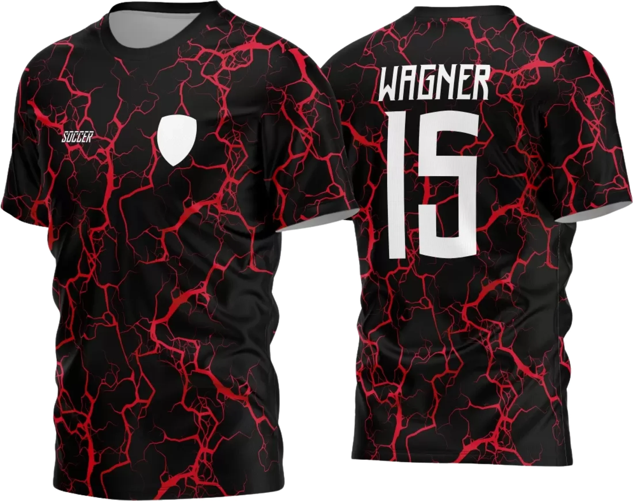 Camisa de futebol amador com logo no peito e estampa grande nas costas em destaque, mostrando um visual moderno e atraente para times 2024.